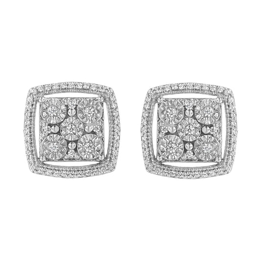 .925 Sterling Silver 3/8 Cttw Miracle Set Round Diamond Double Halo Cluster Earrings (I-J Color, I2-I3 Clarity)-0