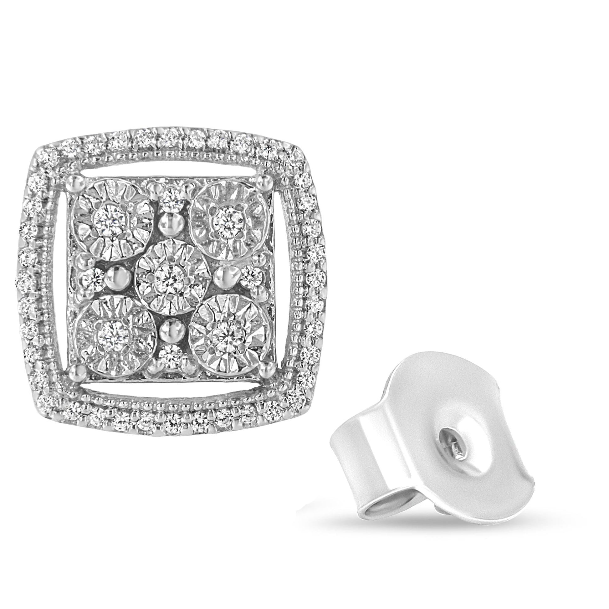 .925 Sterling Silver 3/8 Cttw Miracle Set Round Diamond Double Halo Cluster Earrings (I-J Color, I2-I3 Clarity)-3
