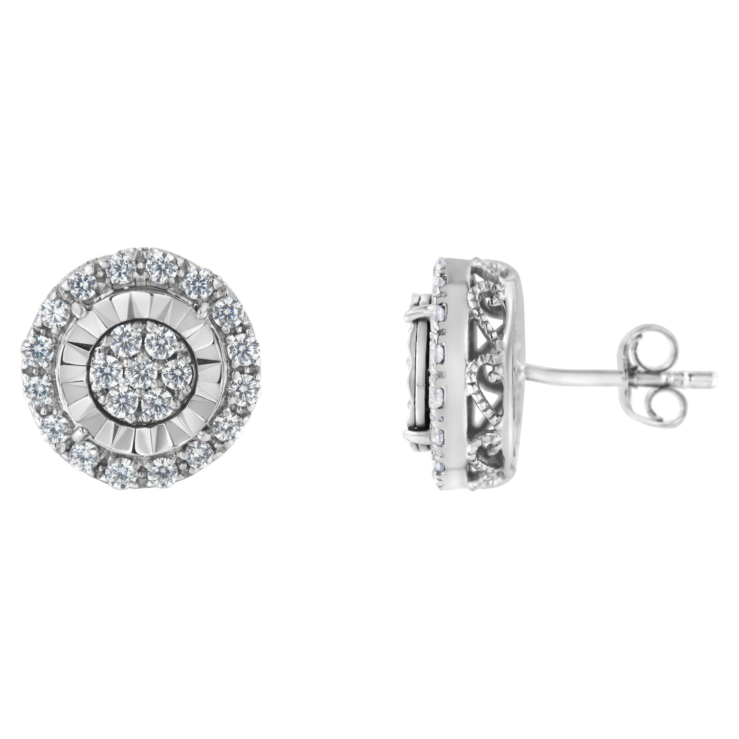Sterling Silver Diamond Cluster Earrings (1 cttw, I-J Color, I2-I3 Clarity)-1