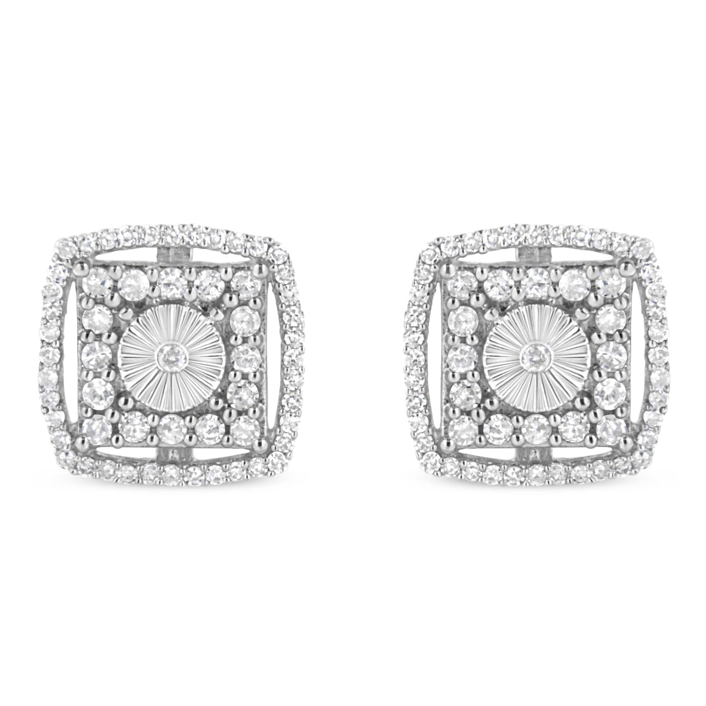 .925 Sterling Silver 1.0 Cttw Round Diamond Double Halo and Disc Stud Earring (I-J Color, I2-I3 Clarity)-0