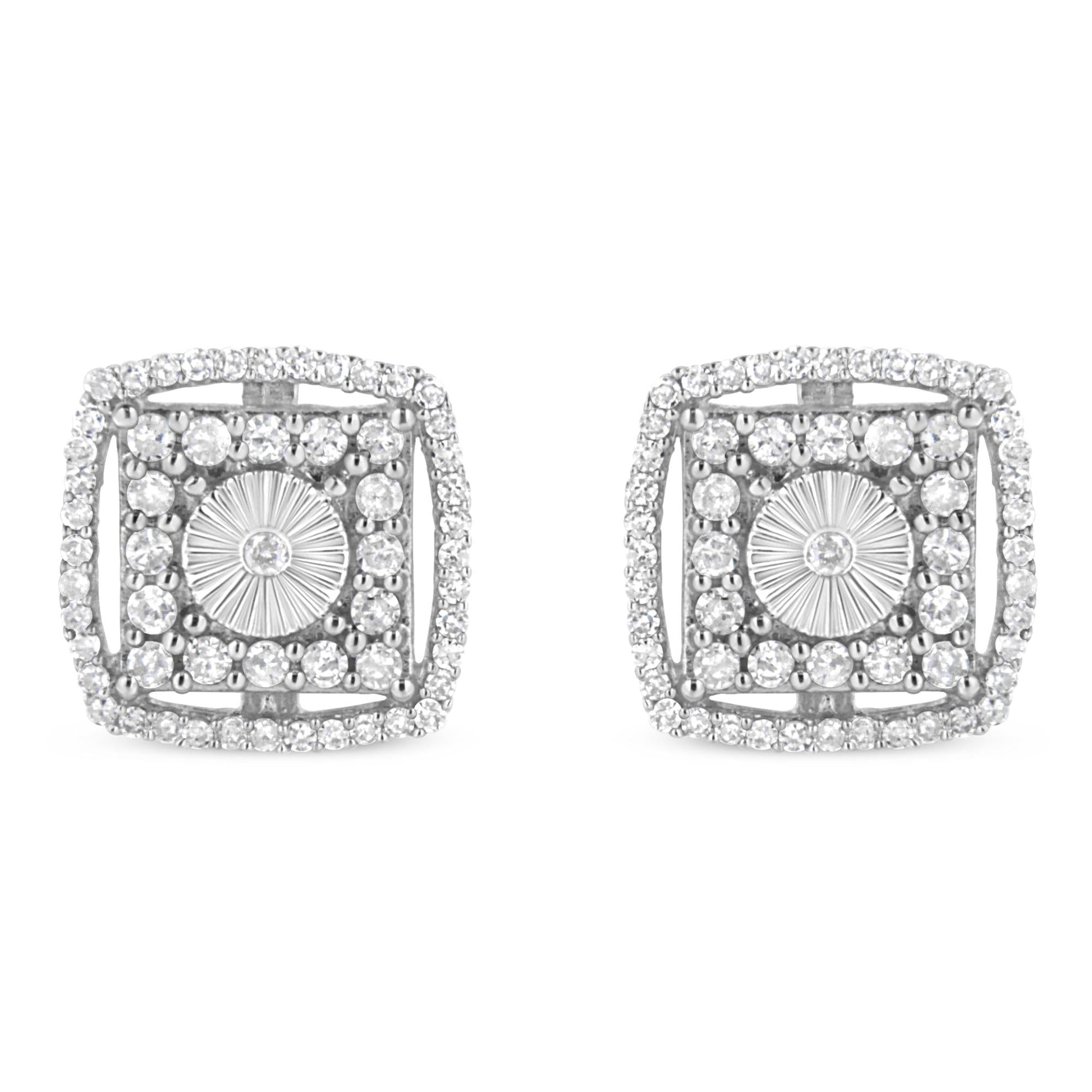 .925 Sterling Silver 1.0 Cttw Round Diamond Double Halo and Disc Stud Earring (I-J Color, I2-I3 Clarity)-0