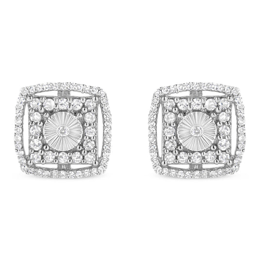 .925 Sterling Silver 1.0 Cttw Round Diamond Double Halo and Disc Stud Earring (I-J Color, I2-I3 Clarity)-0
