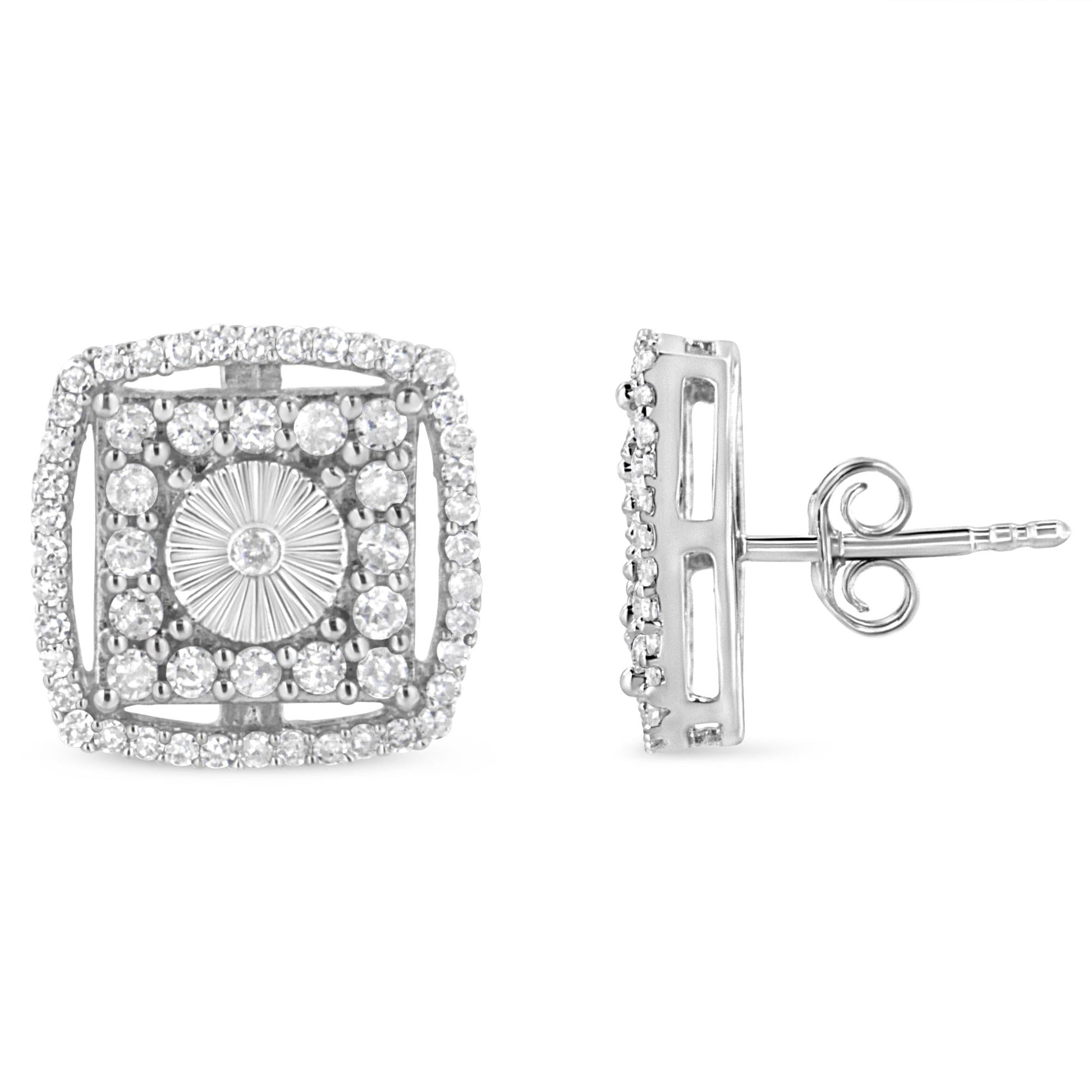 .925 Sterling Silver 1.0 Cttw Round Diamond Double Halo and Disc Stud Earring (I-J Color, I2-I3 Clarity)-1