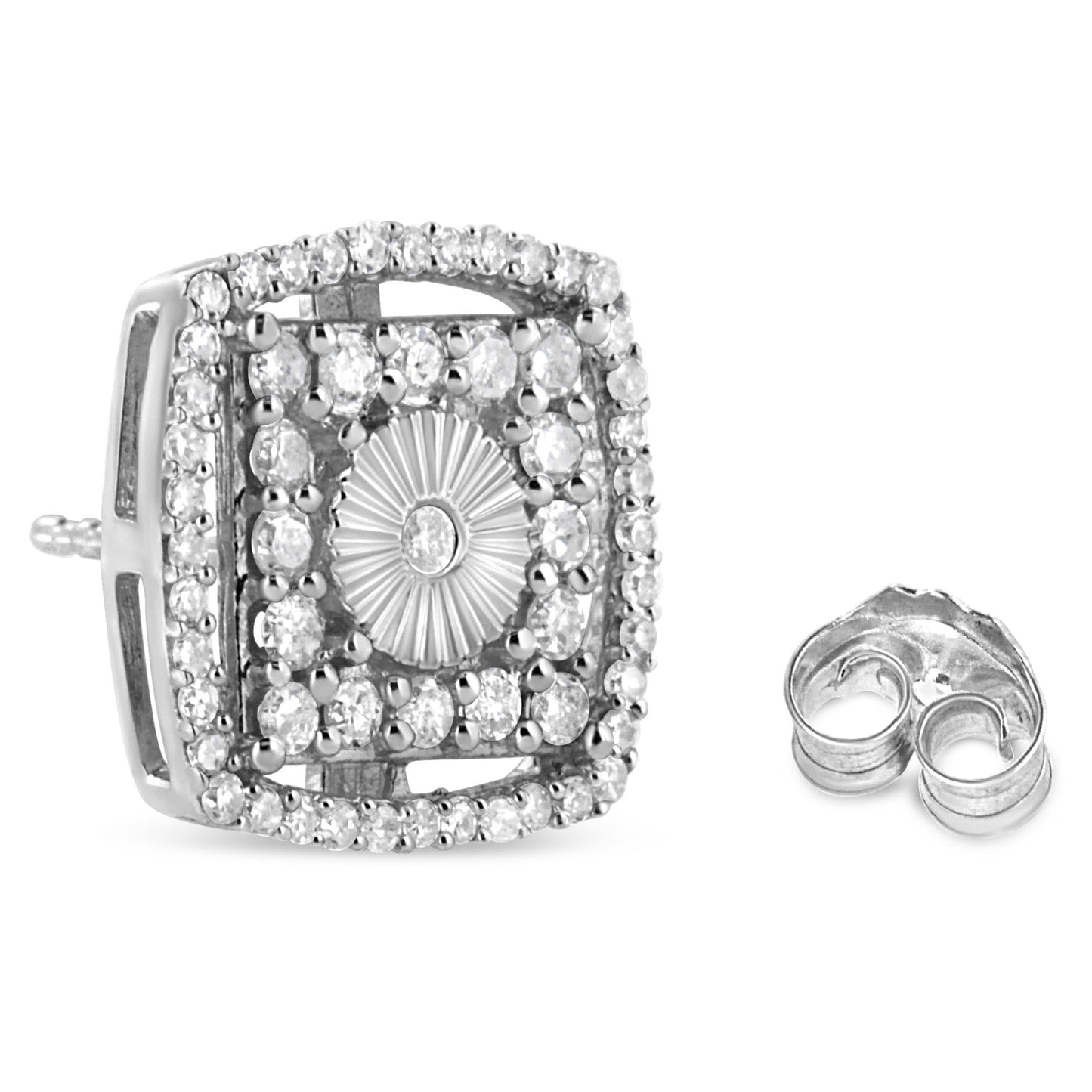 .925 Sterling Silver 1.0 Cttw Round Diamond Double Halo and Disc Stud Earring (I-J Color, I2-I3 Clarity)-3