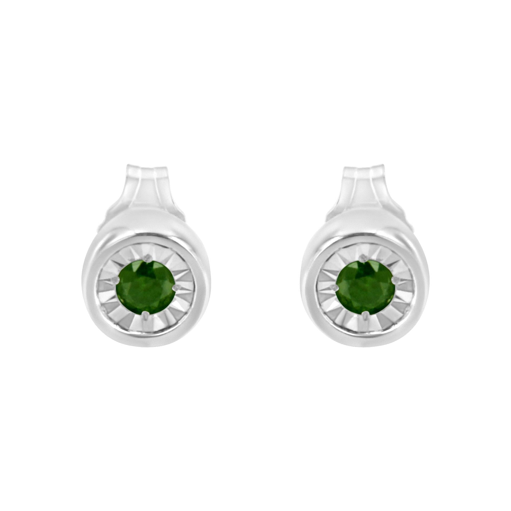 .925 Sterling Silver 1/5 Cttw Round Brilliant-Cut Green Diamond Miracle-Set Stud Earrings (Fancy Color-Enhanced, I1-I2 Clarity)-3