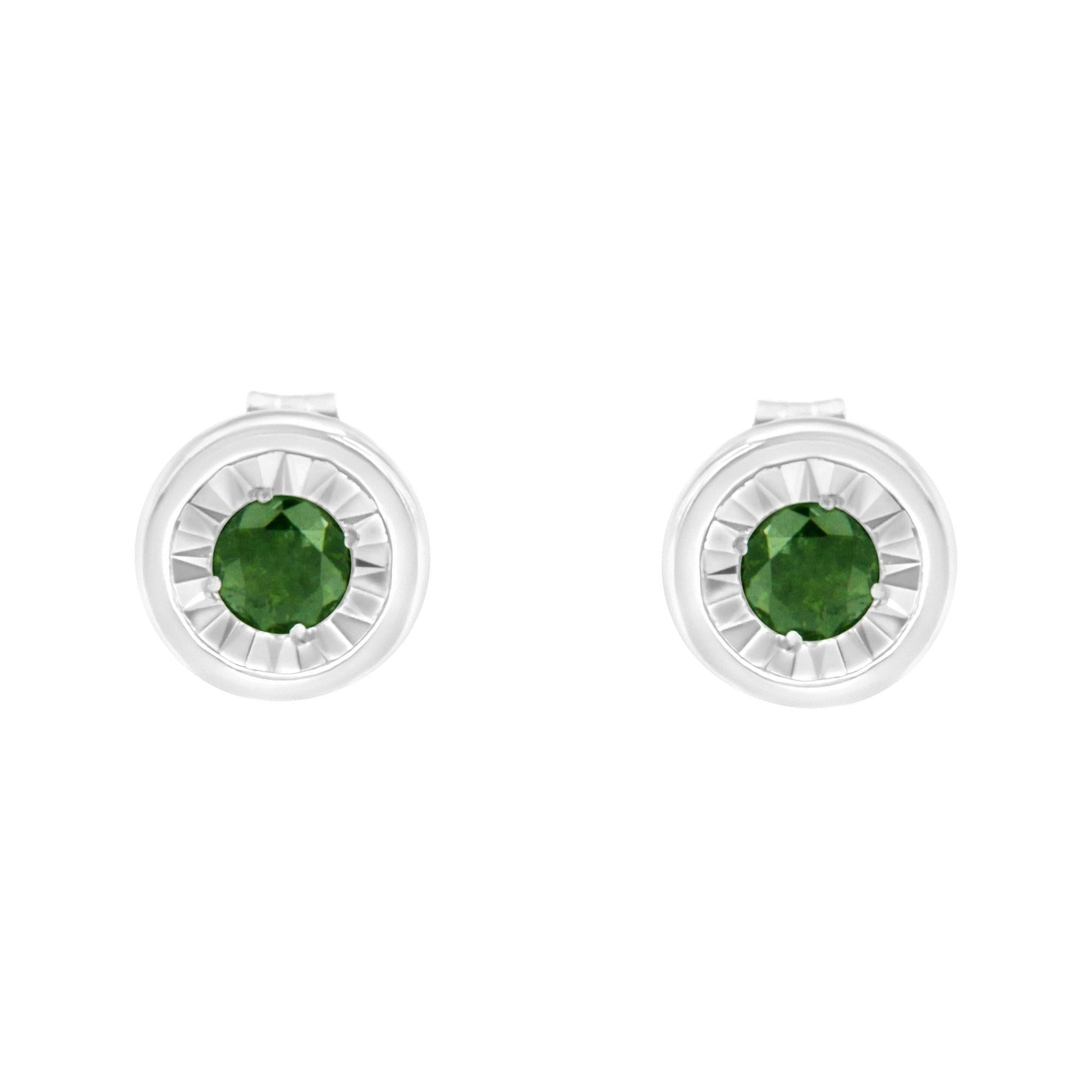 .925 Sterling Silver 1/4 Cttw Round Brilliant-Cut Green Diamond Miracle-Set Stud Earrings (Fancy Color-Enhanced, I1-I2 Clarity)-1