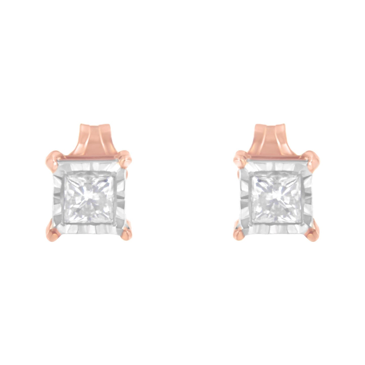 14K Rose Gold Plated Two-Tone .925 Sterling Silver 1/2 Cttw Princess-Cut Square Near Colorless Diamond Solitaire Miracle-Plate Stud Earrings (J-K Color, I2-I3 Clarity)-3