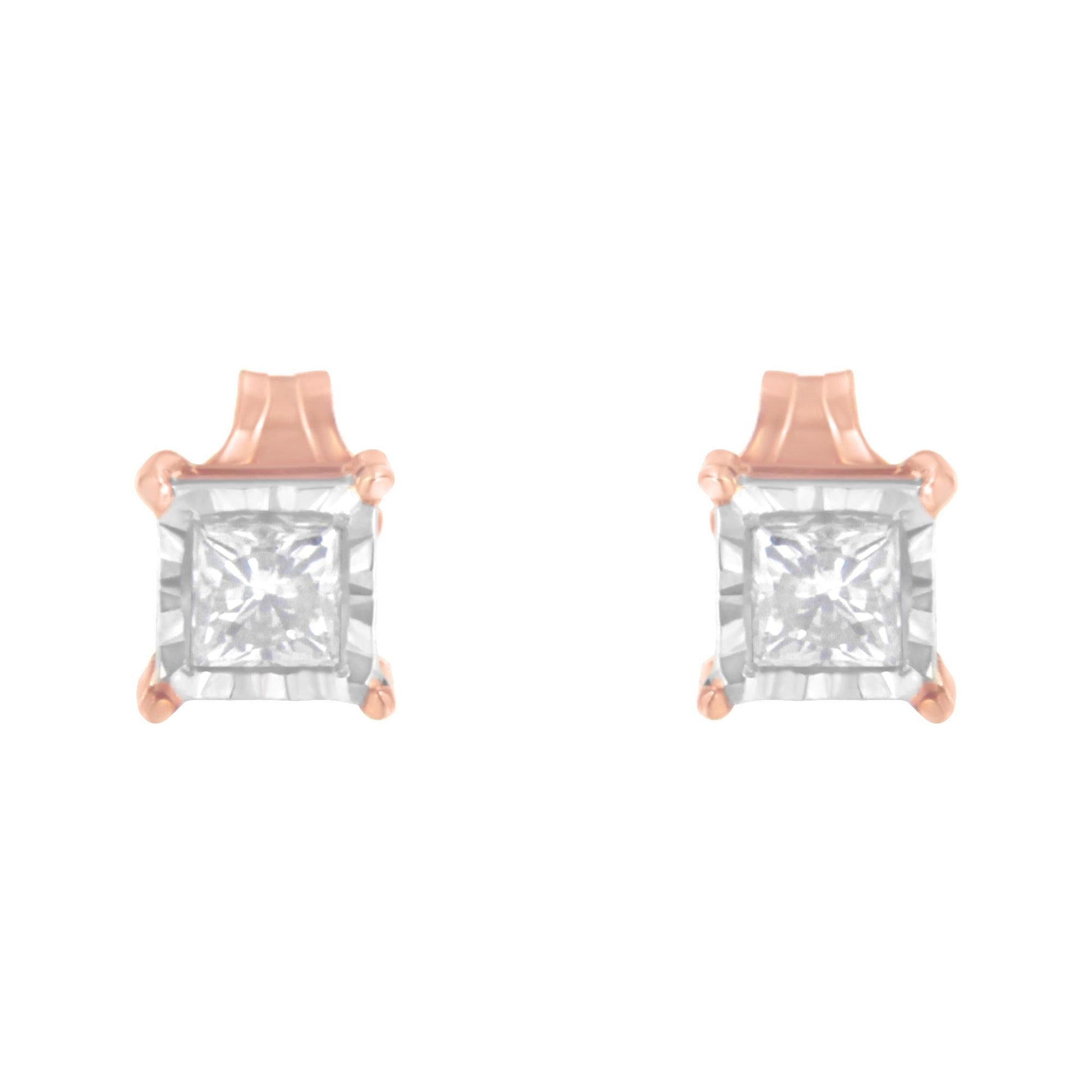14K Rose Gold Plated Two-Tone .925 Sterling Silver 1/2 Cttw Princess-Cut Square Near Colorless Diamond Solitaire Miracle-Plate Stud Earrings (J-K Color, I2-I3 Clarity)-3