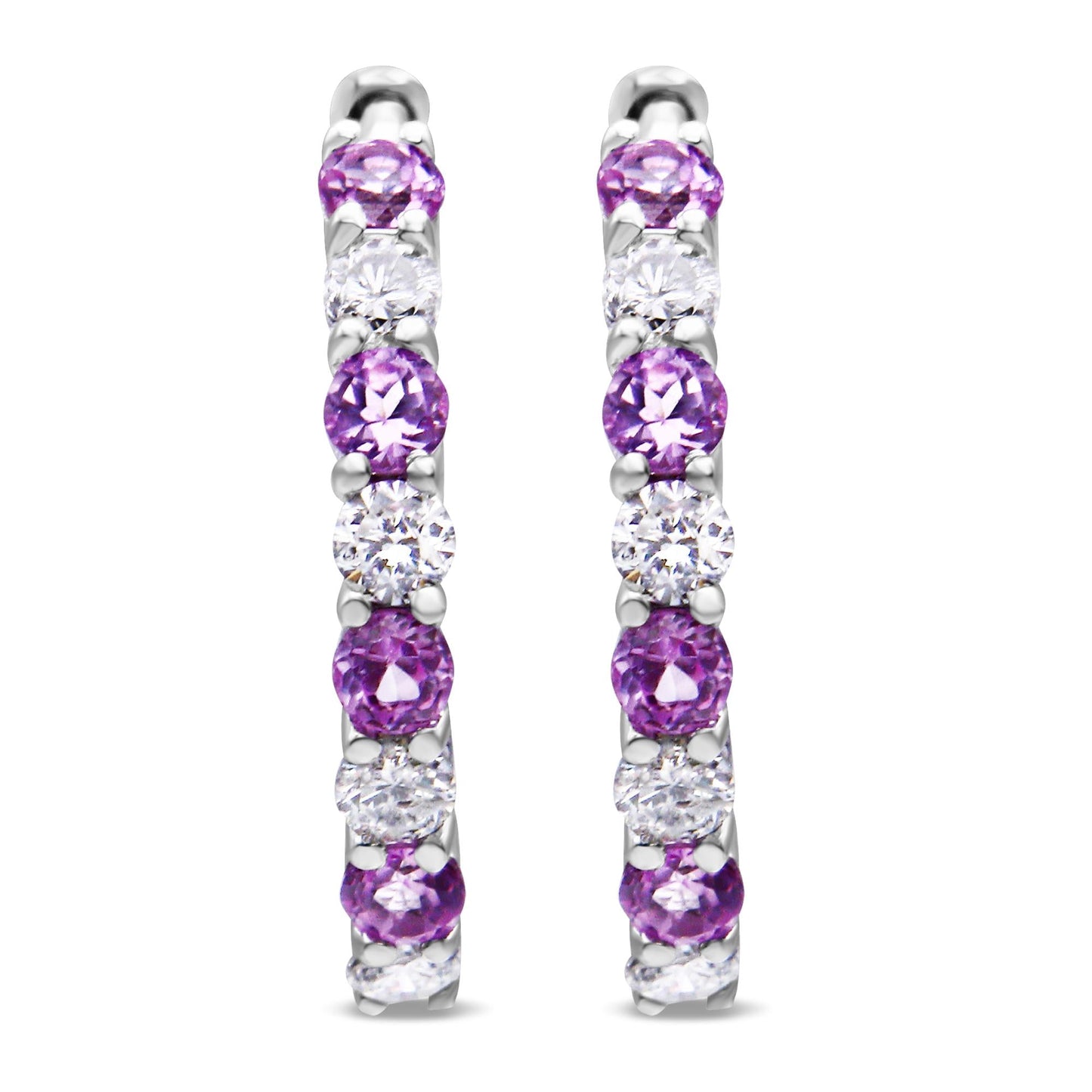 10K White Gold 2.5MM Sapphire Gemstone and 1/2 Cttw Diamond Hoop Earrings (H-I Color, I1-I2 Clarity)-2
