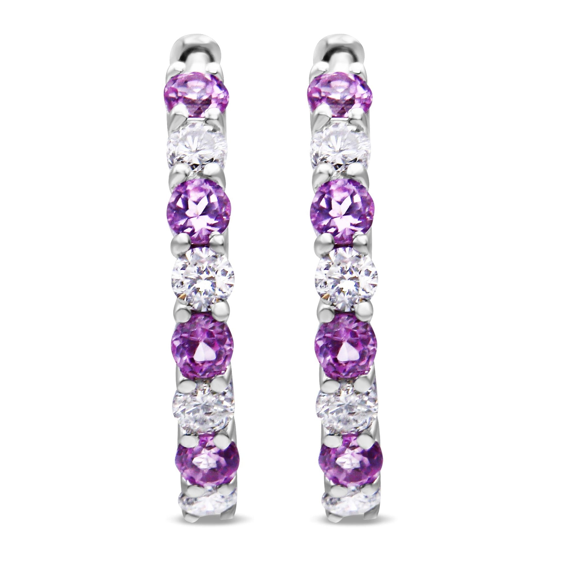 10K White Gold 2.5MM Sapphire Gemstone and 1/2 Cttw Diamond Hoop Earrings (H-I Color, I1-I2 Clarity)-2