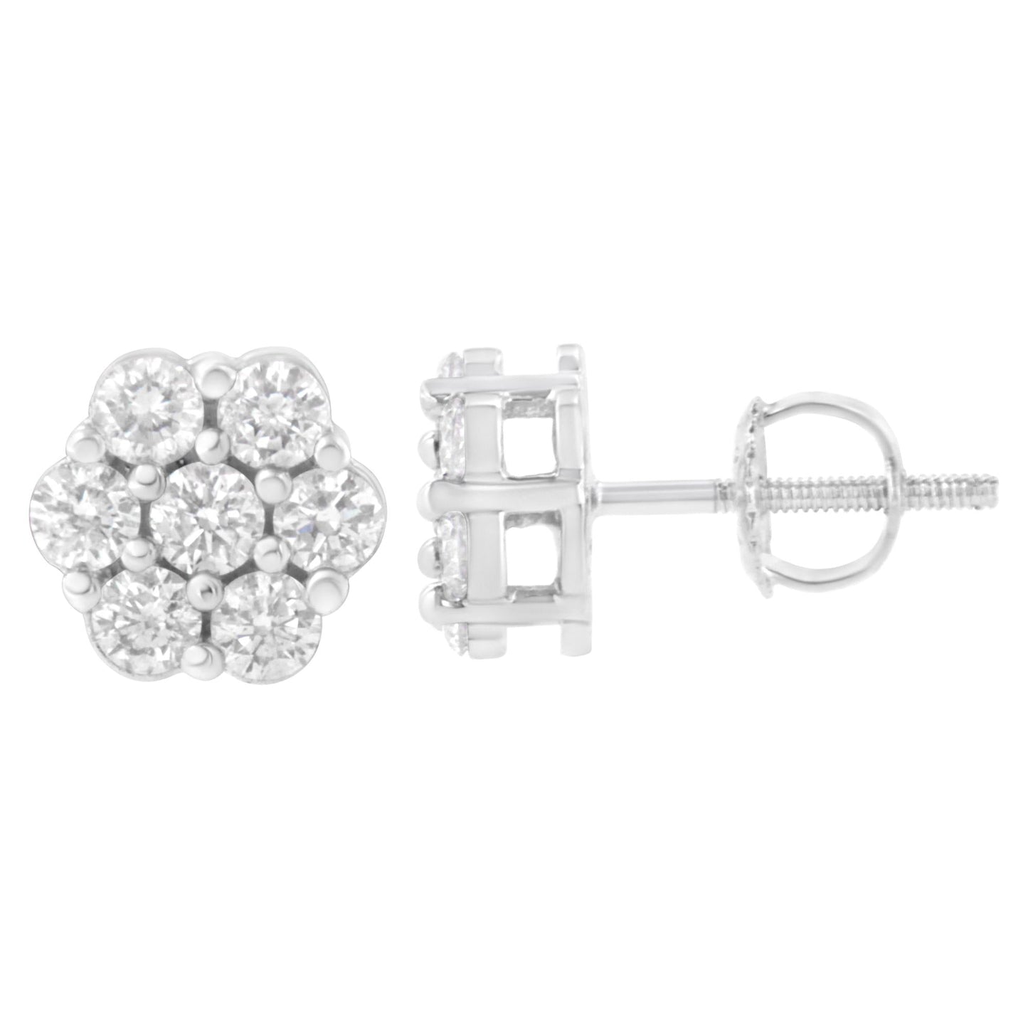 14K White Gold 7 Stone Floral Cluster Round Brilliant Cut Diamond Stud Earrings with Screw Backs(I-J, SI2-I1)-2