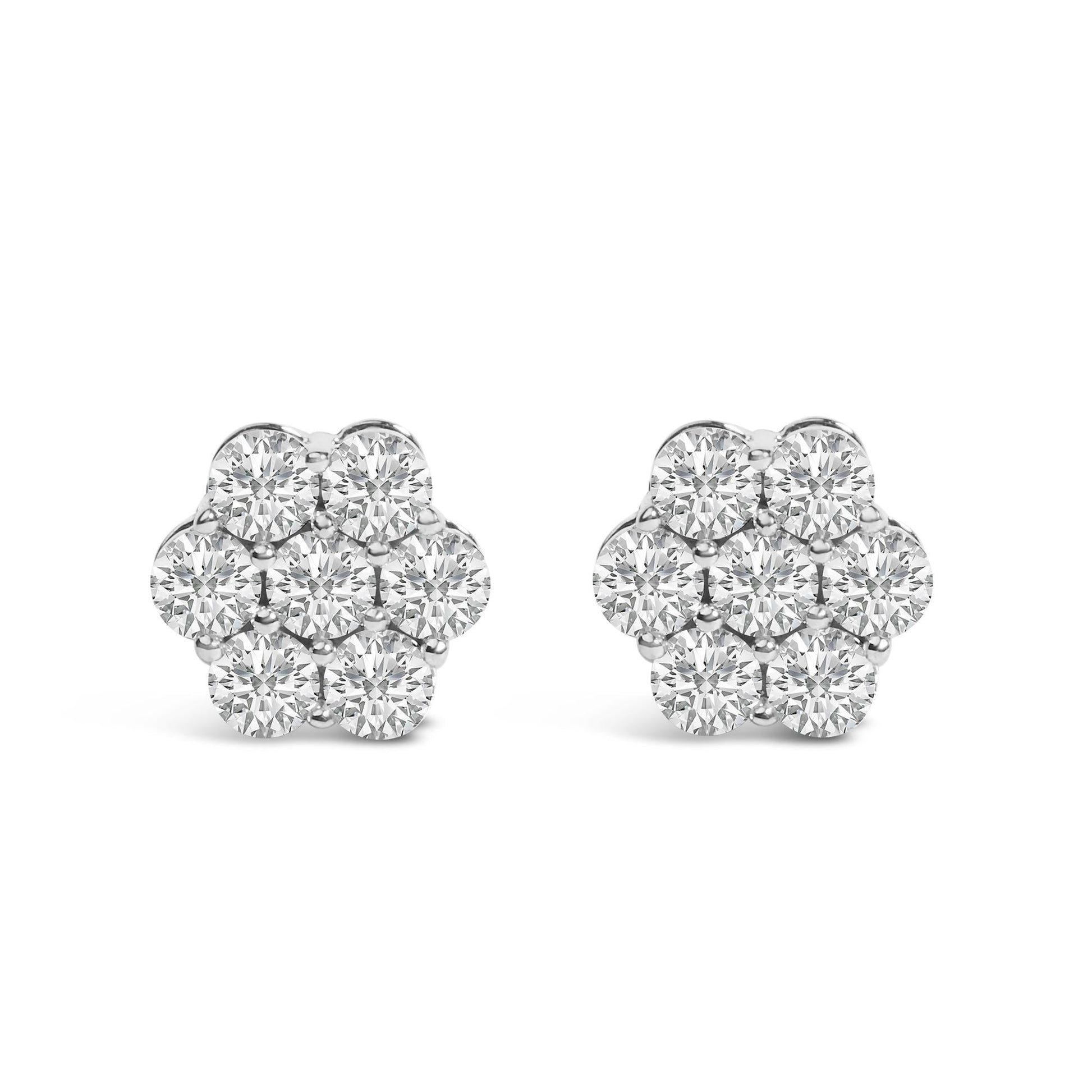 14K White Gold 7 Stone Floral Cluster Round Brilliant Cut Diamond Stud Earrings with Screw Backs(I-J, SI2-I1)-1