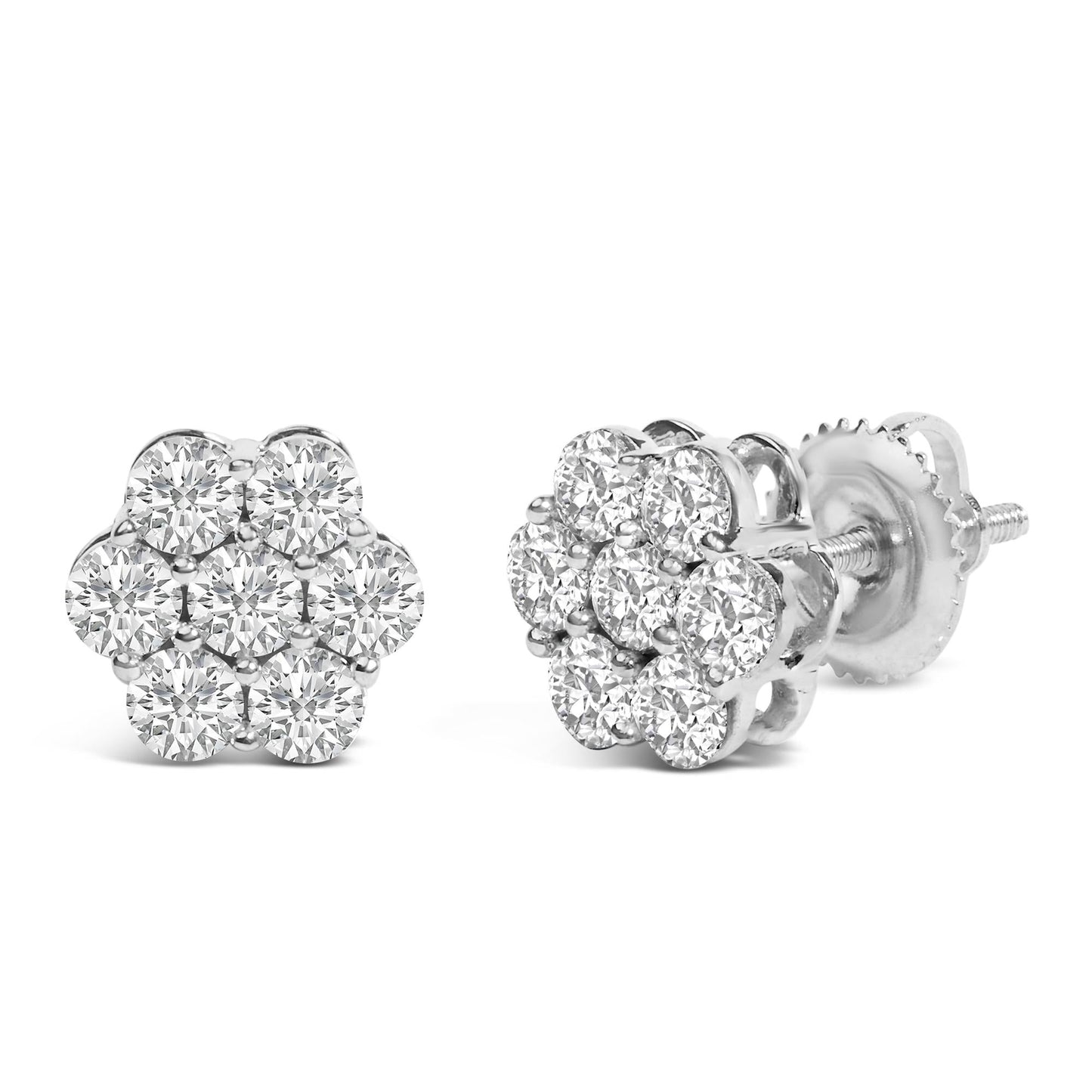 14K White Gold 7 Stone Floral Cluster Round Brilliant Cut Diamond Stud Earrings with Screw Backs(I-J, SI2-I1)-3