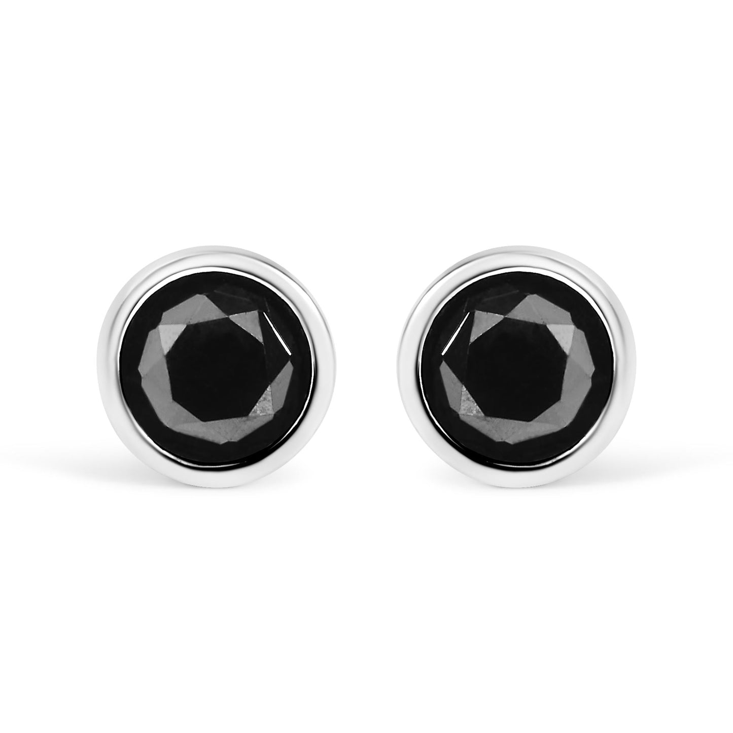 .925 Sterling Silver Round Brilliant-Cut Black Diamond Bezel-Set Stud Earrings with Screw Backs (Fancy Color-Enhanced, I2-I3 Clarity)-0