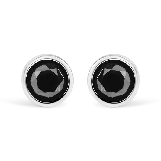 14K White Gold Round Brilliant-Cut Black Diamond Bezel-Set Stud Earrings with Screw Backs (Fancy Color-Enhanced, I2-I3 Clarity)-0