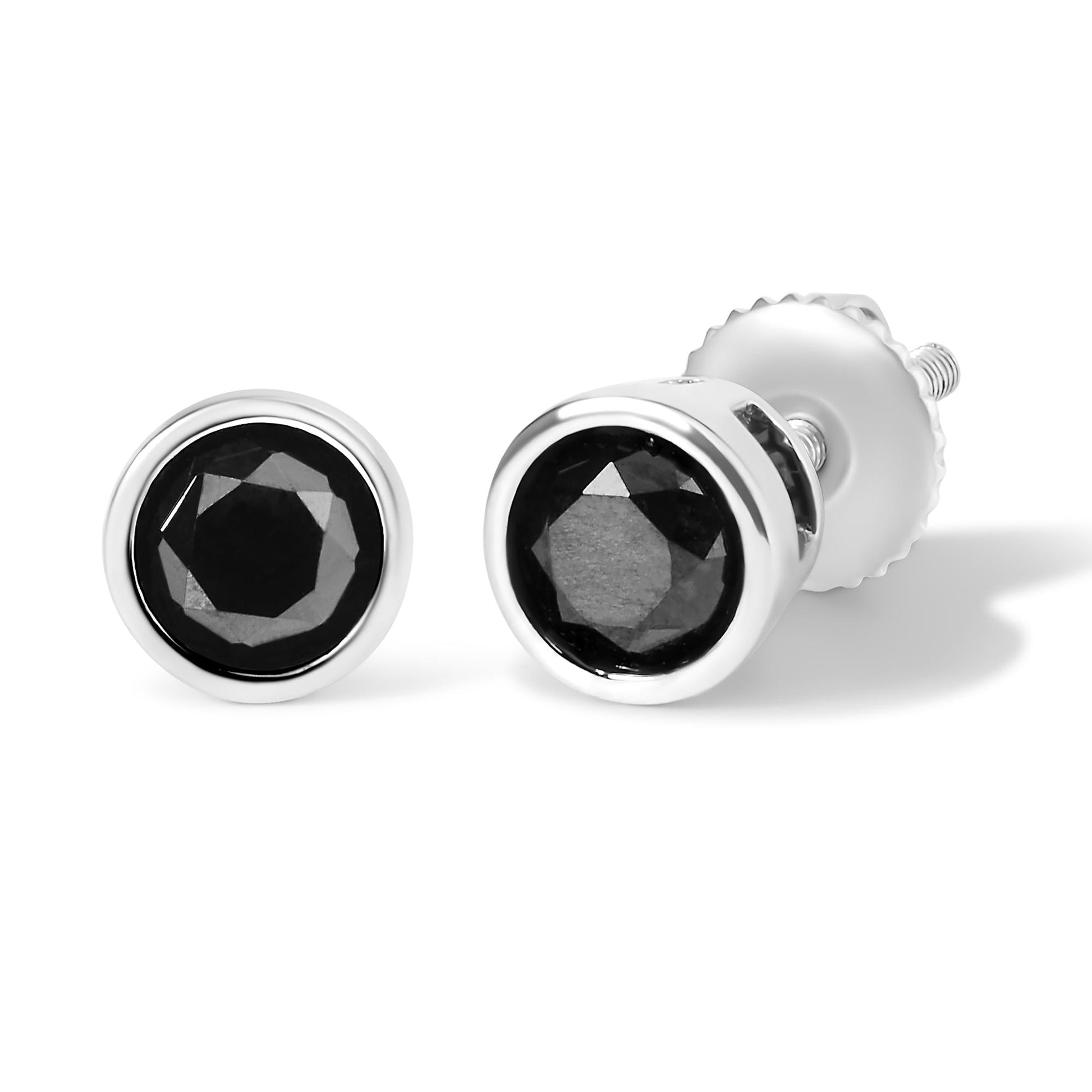 .925 Sterling Silver Round Brilliant-Cut Black Diamond Bezel-Set Stud Earrings with Screw Backs (Fancy Color-Enhanced, I2-I3 Clarity)-1