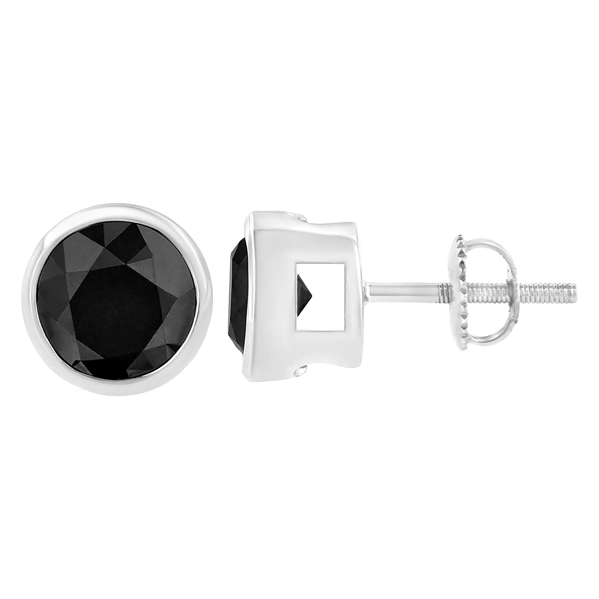 14K White Gold Round Brilliant-Cut Black Diamond Bezel-Set Stud Earrings with Screw Backs (Fancy Color-Enhanced, I2-I3 Clarity)-4