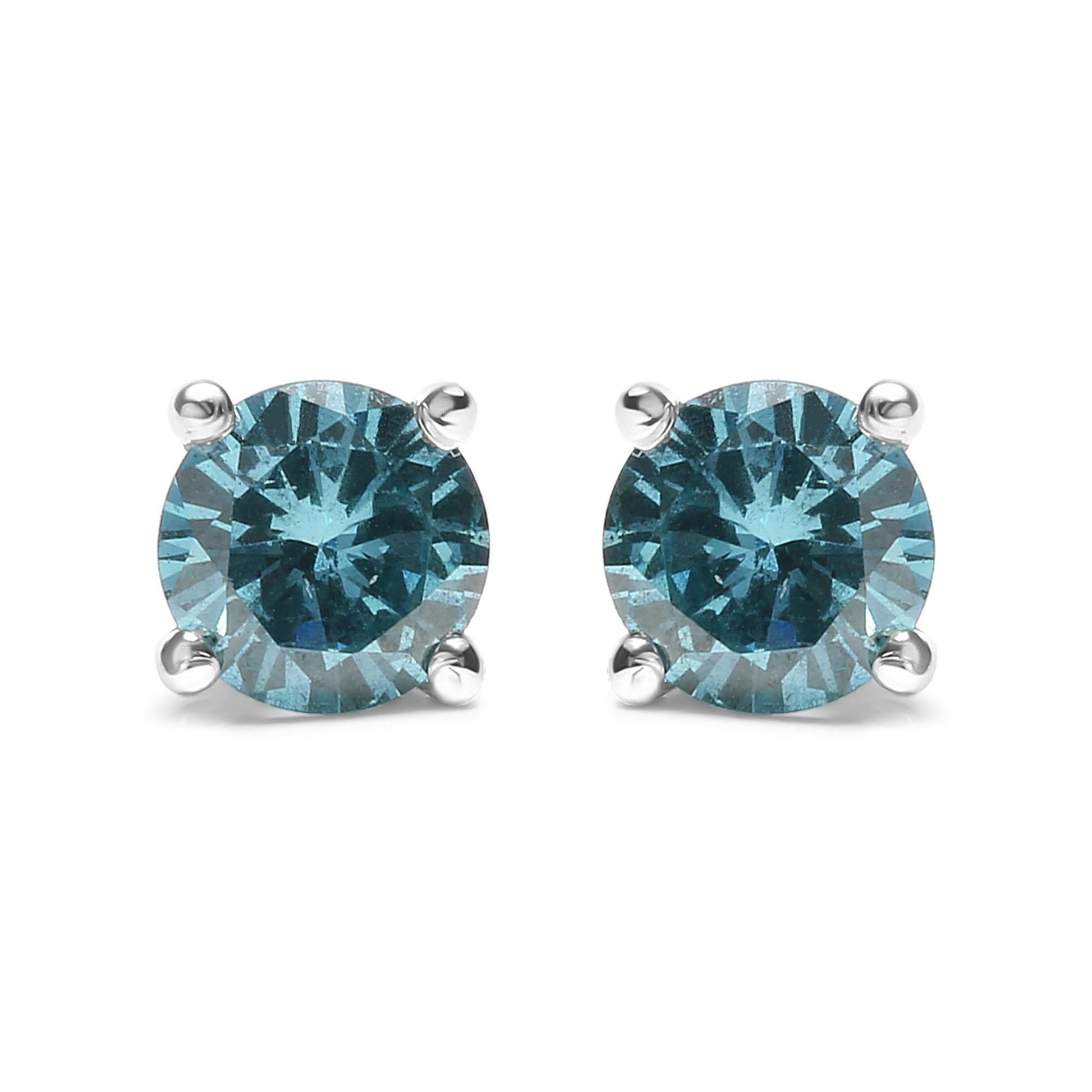 14K Gold 1/2 Cttw Aqua Blue Diamond Screw-Back 4-Prong Classic Stud Earrings (Color Treated, I2-I3)-1