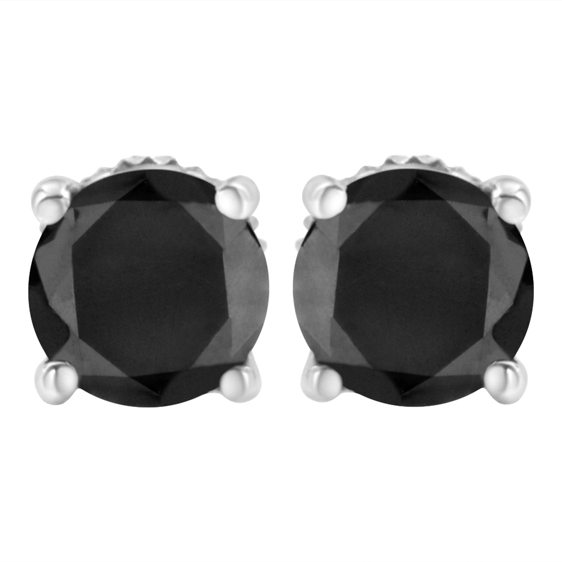 .925 Sterling Silver Round Brilliant-Cut Black Diamond Classic 4-Prong Stud Earrings with Screw Backs (Fancy Color-Enhanced, I2-I3 Clarity)-1