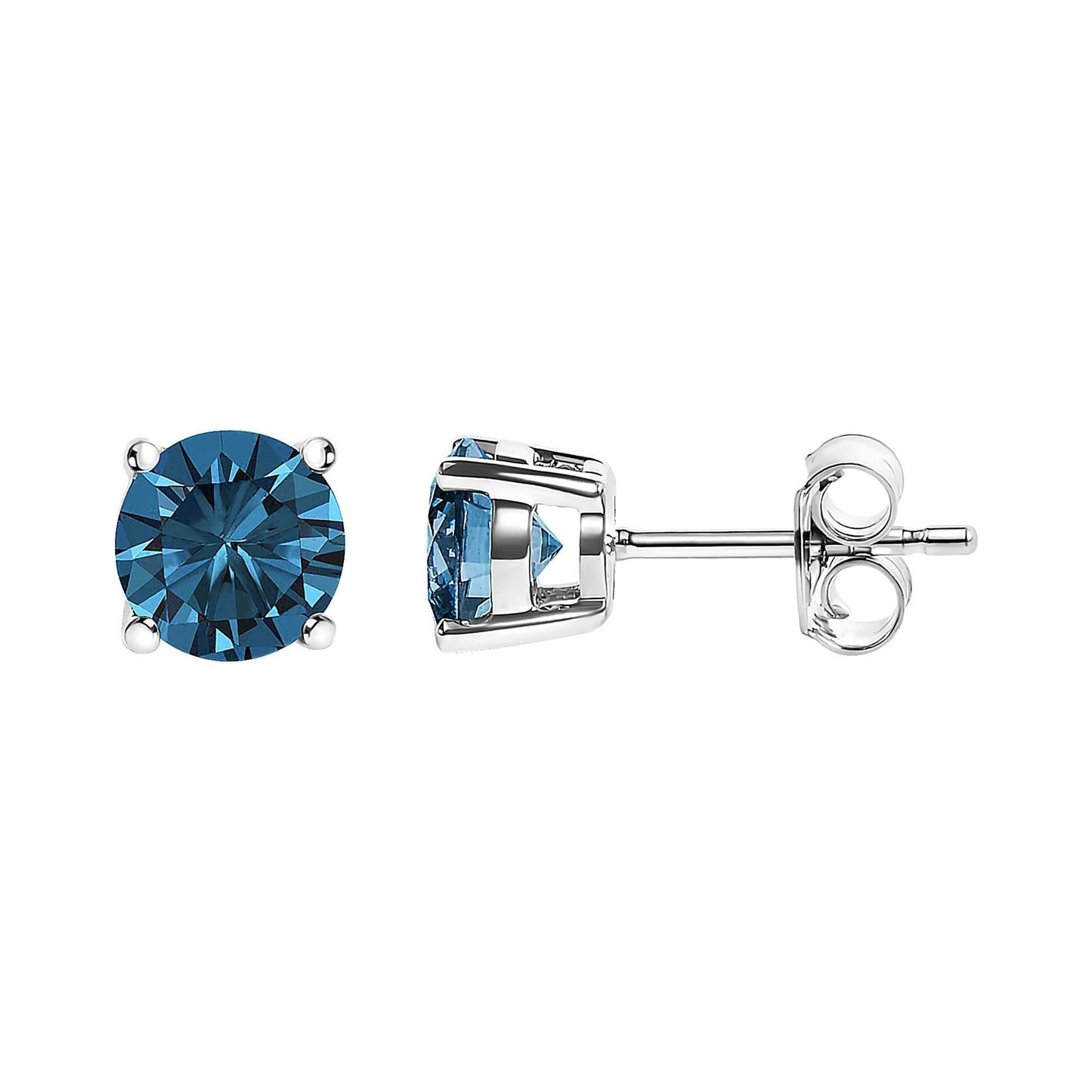 14K Gold Round Brilliant Cut Lab Grown Blue Diamond 4-Prong Classic Solitaire Stud Earrings with Pushbacks-3