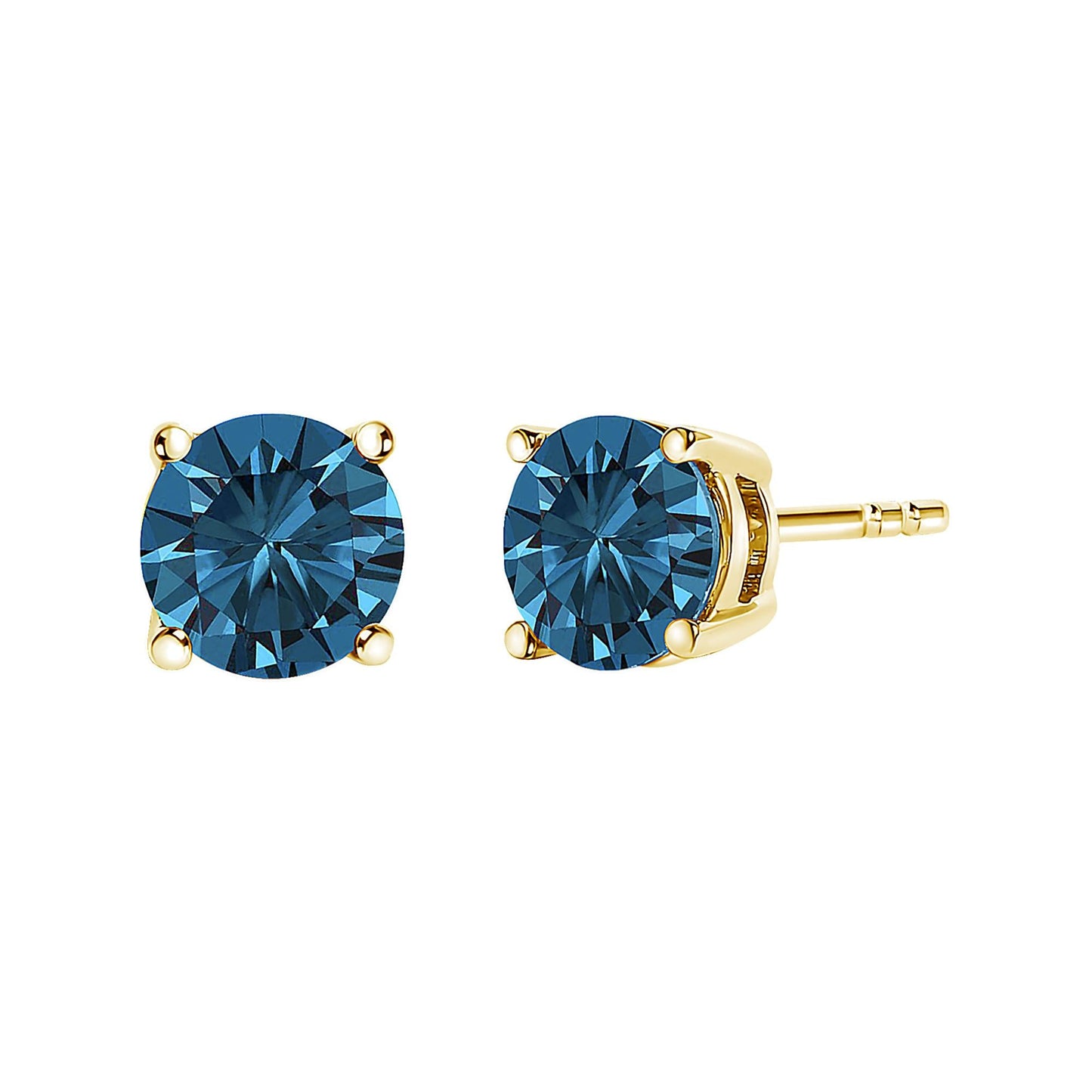 14K Gold Round Brilliant Cut Lab Grown Blue Diamond 4-Prong Classic Solitaire Stud Earrings with Pushbacks-2