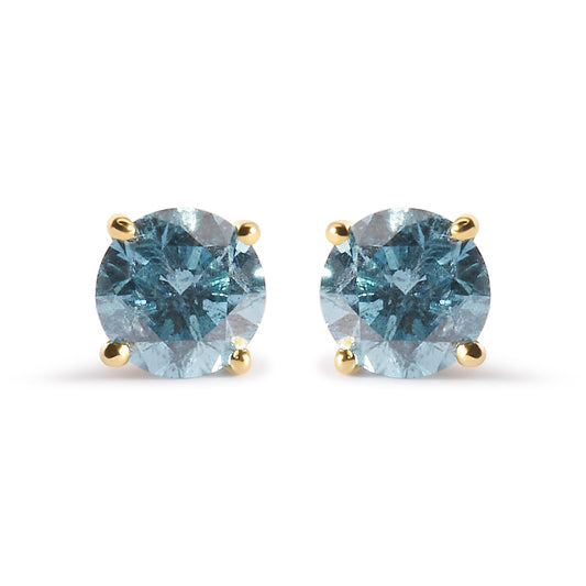 14K Yellow Gold 1.0 Cttw Treated Aqua Blue Diamond Classic Solitaire Stud Earrings (Aqua Blue Color, I2-I3 Clarity)-0