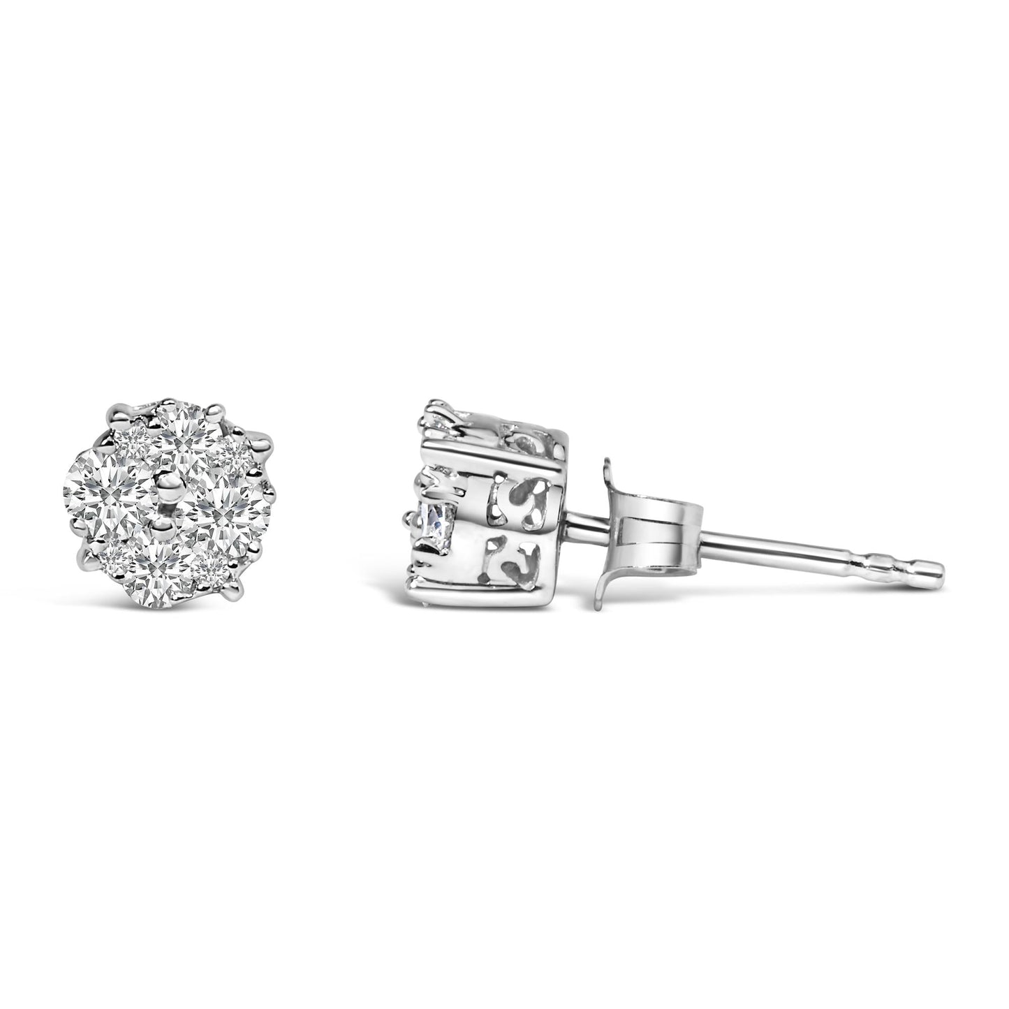 .925 Sterling Silver 1/2 cttw Prong Set Round-Cut Diamond Cluster Stud Earring (I-J Color, I2-I3 Clarity)-3
