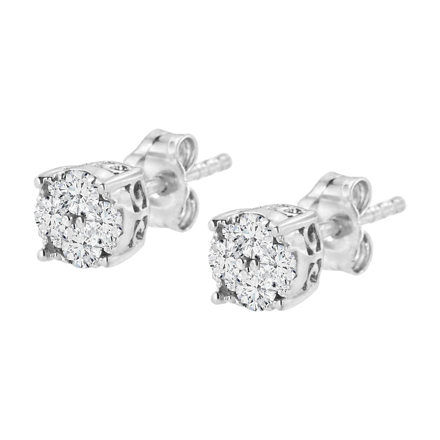 .925 Sterling Silver 1/2 cttw Prong Set Round-Cut Diamond Cluster Stud Earring (I-J Color, I2-I3 Clarity)-4