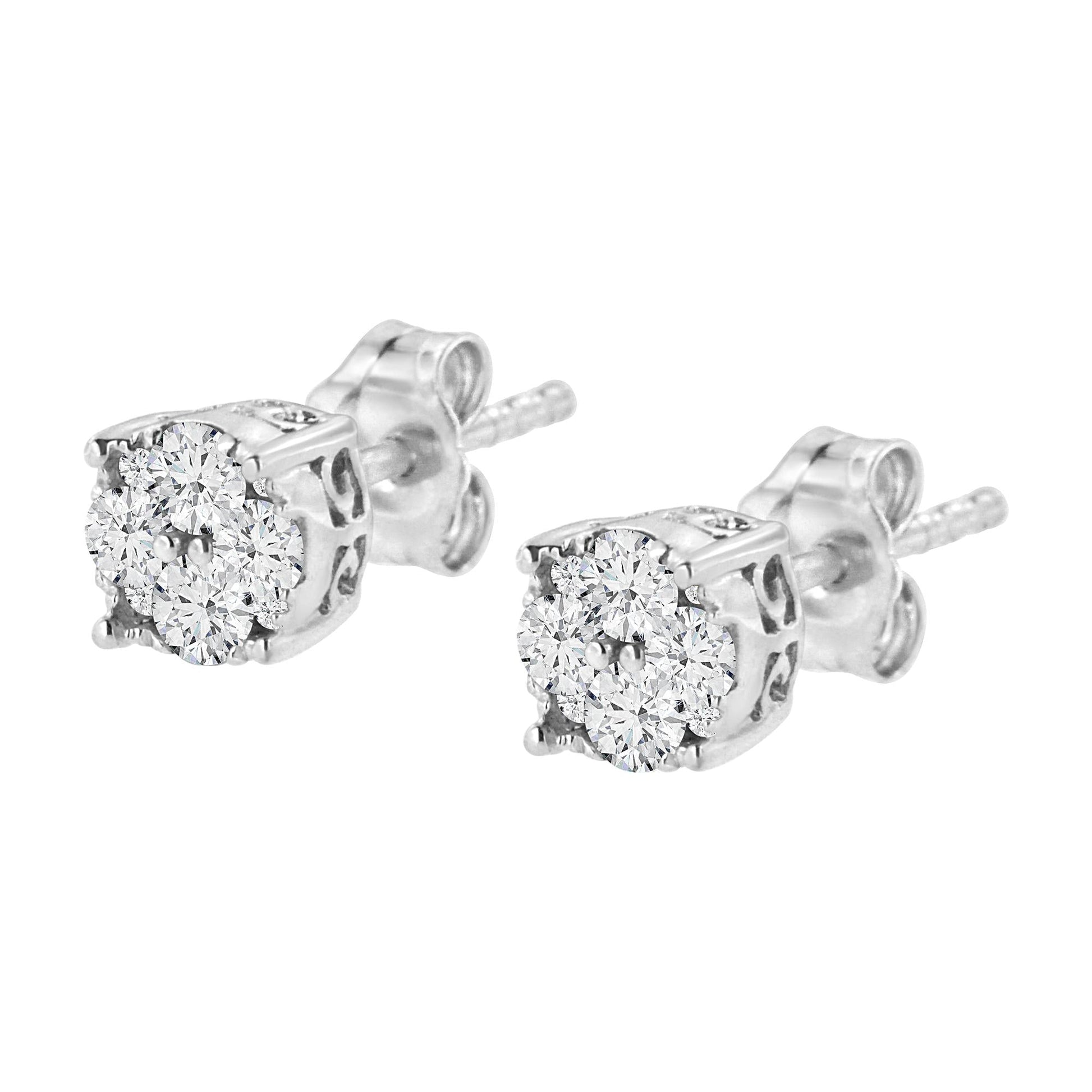 .925 Sterling Silver 1/2 cttw Prong Set Round-Cut Diamond Cluster Stud Earring (I-J Color, I2-I3 Clarity)-4