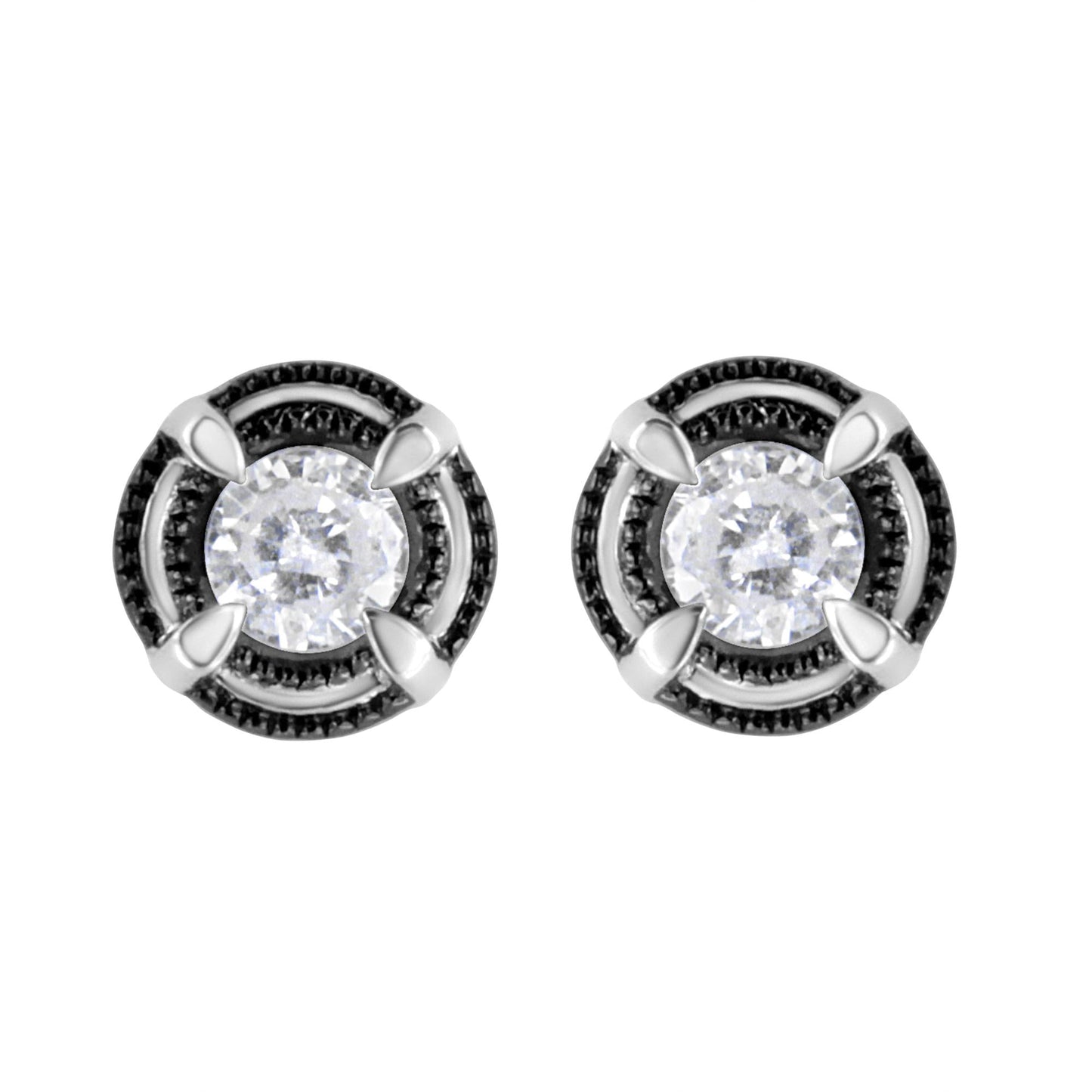 Black Rhodium Plated .925 Sterling Silver Round Diamond Double Halo 4-Prong Solitaire Milgrain Stud Earrings-1