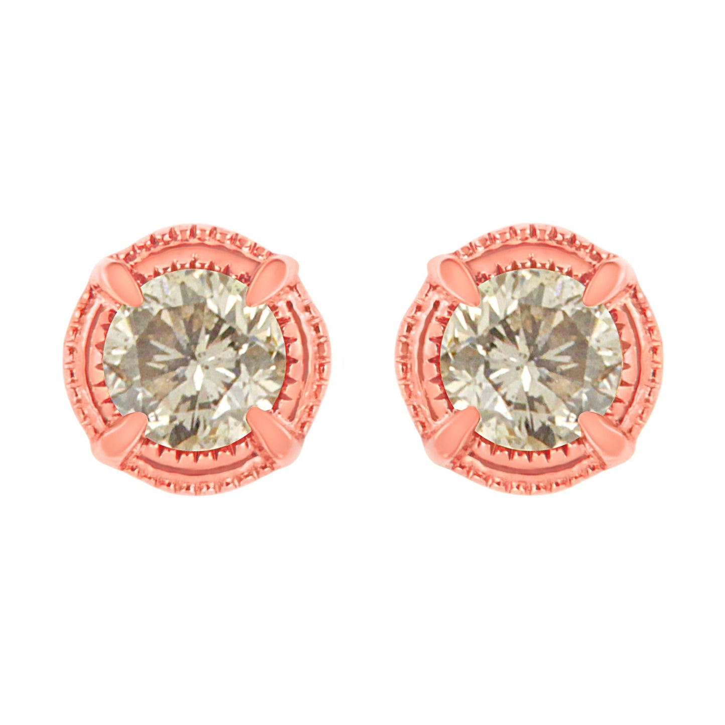 .925 Sterling Silver Round Brilliant Cut Diamond Solitaire Milgrain Stud Earrings-1