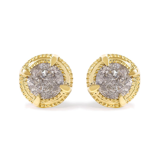 Gold earrings with diamond-like centers on a white background. .925 Sterling Silver Round Brilliant Cut Diamond Solitaire Milgrain Stud Earrings-6