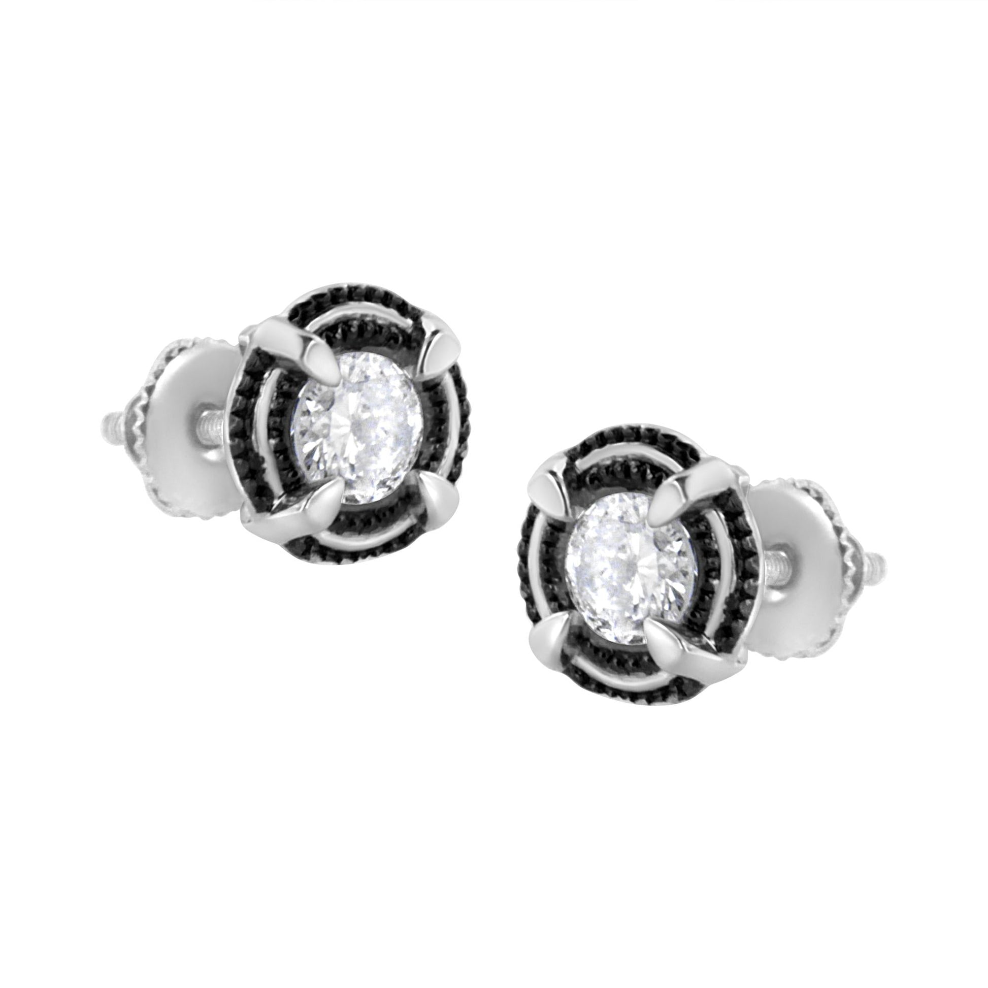 Black Rhodium Plated .925 Sterling Silver Round Diamond Double Halo 4-Prong Solitaire Milgrain Stud Earrings-2