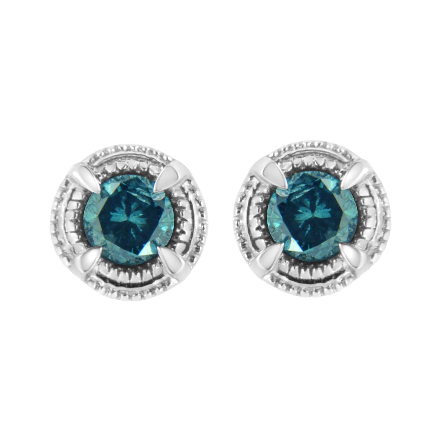 .925 Sterling Silver Treated Colored Diamond Modern 4-Prong Solitaire Milgrain Stud Earrings-10