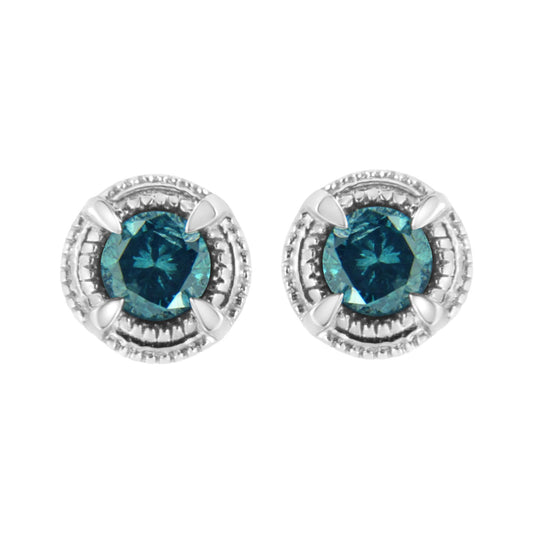 .925 Sterling Silver Treated Colored Diamond Modern 4-Prong Solitaire Milgrain Stud Earrings-10