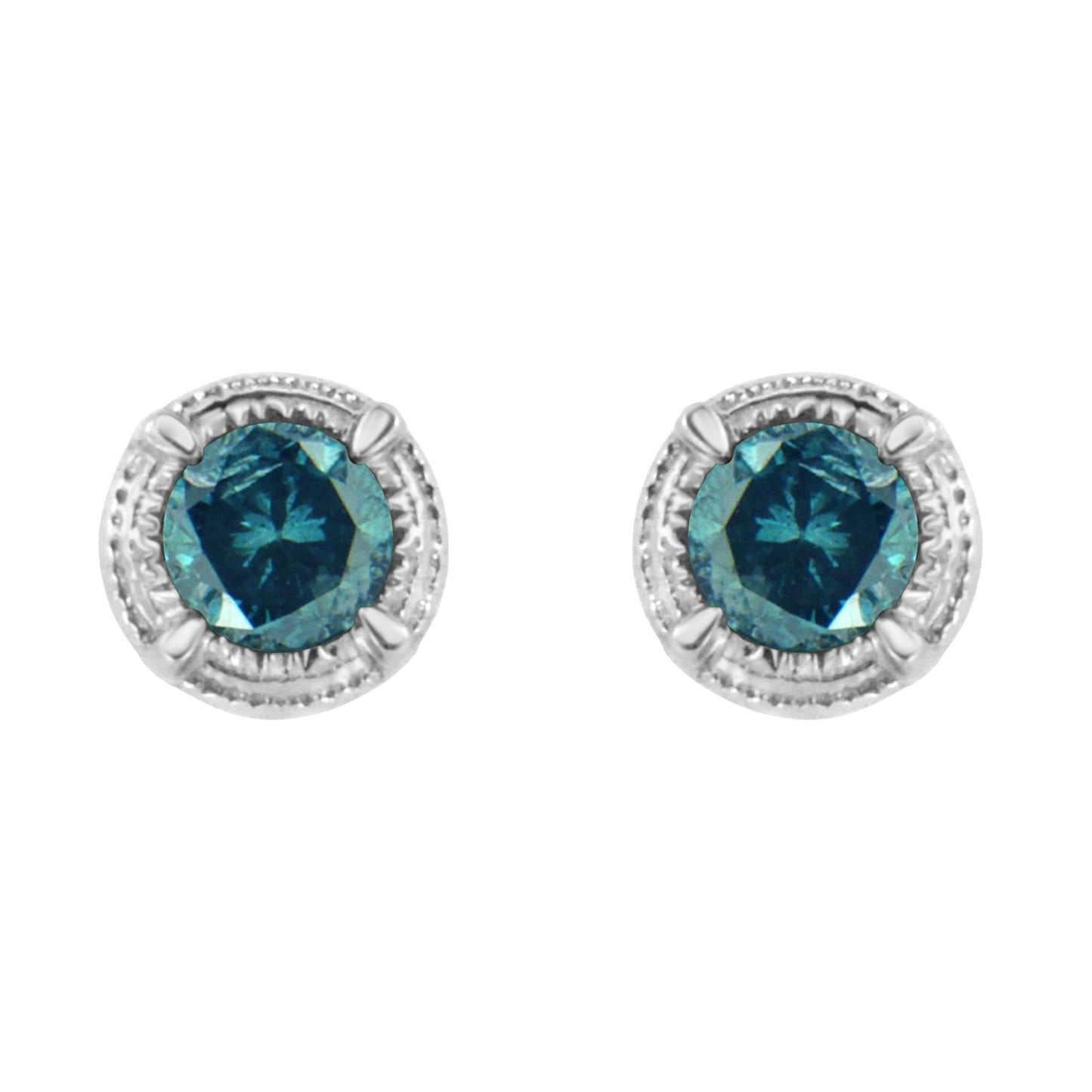 .925 Sterling Silver Treated Colored Diamond Modern 4-Prong Solitaire Milgrain Stud Earrings-2