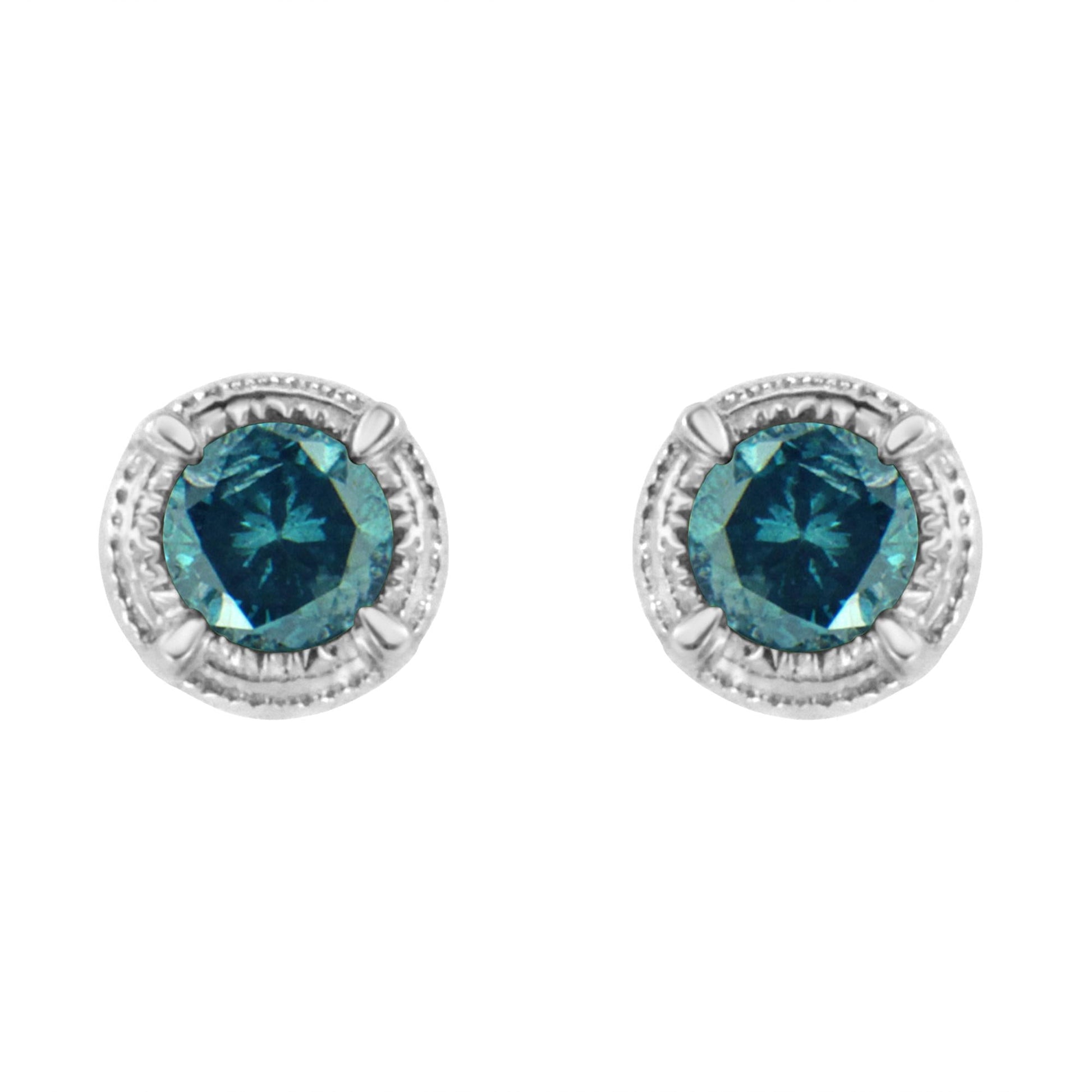 .925 Sterling Silver Treated Colored Diamond Modern 4-Prong Solitaire Milgrain Stud Earrings-2