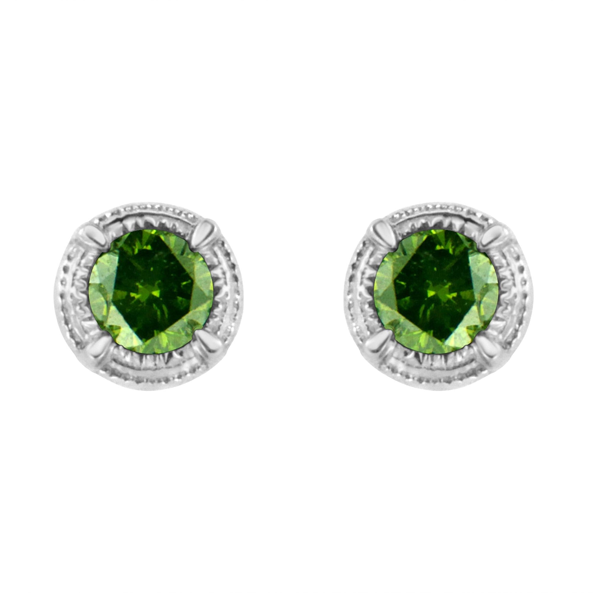 .925 Sterling Silver Treated Colored Diamond Modern 4-Prong Solitaire Milgrain Stud Earrings-1