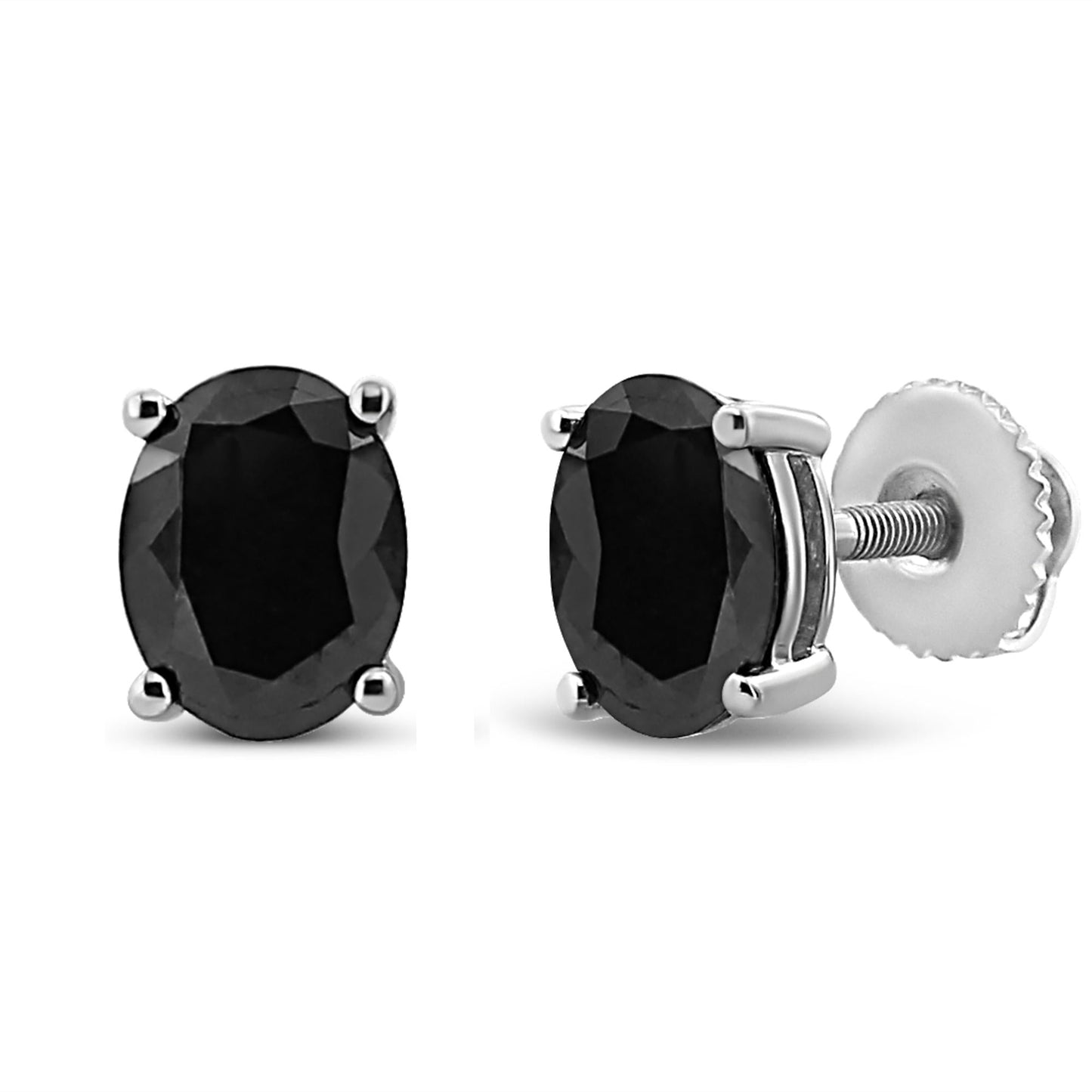 .925 Sterling Silver Prong Set Treated Black Oval Diamond Stud Earring (Black Color, I2-I3 Clarity)-2