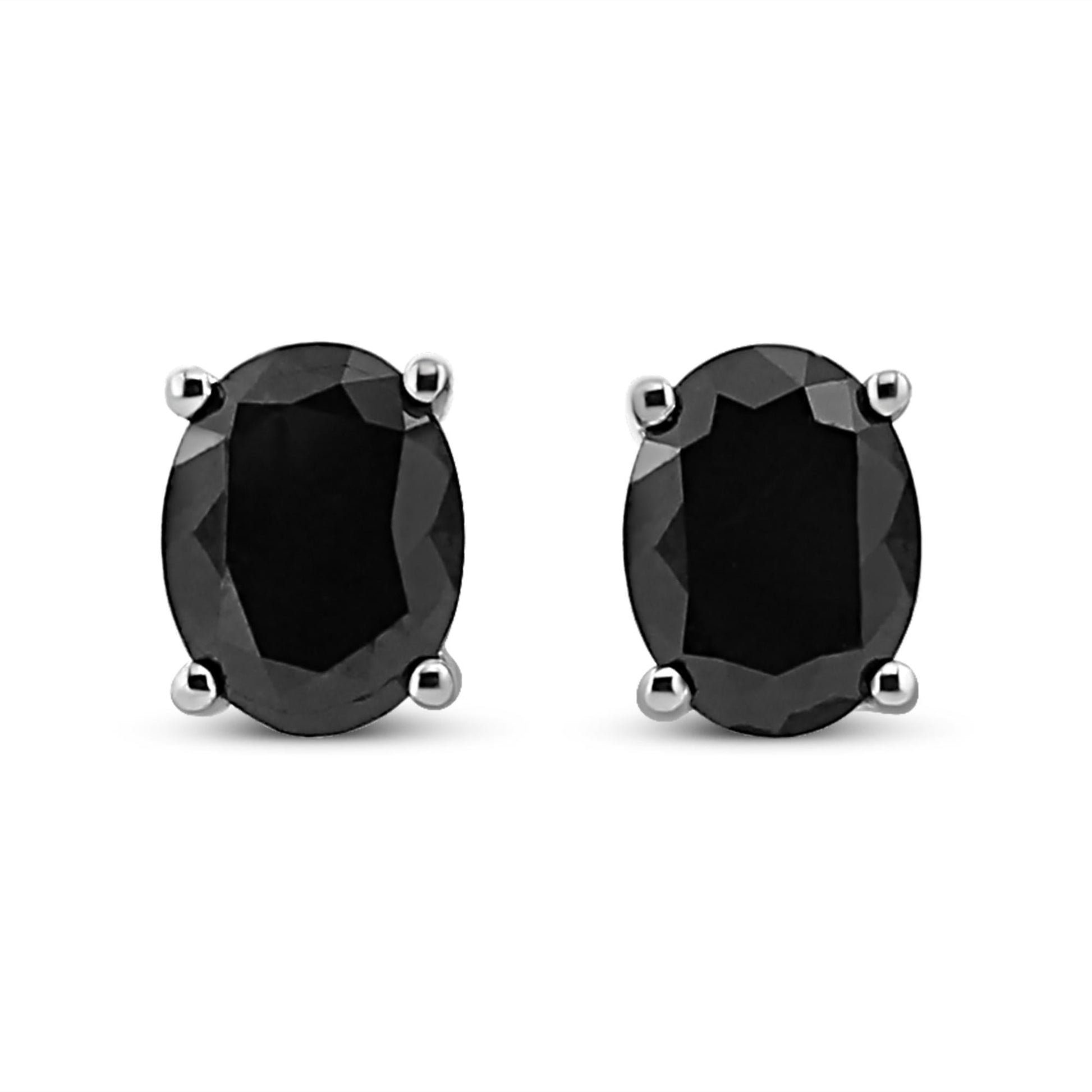 .925 Sterling Silver Prong Set Treated Black Oval Diamond Stud Earring (Black Color, I2-I3 Clarity)-4
