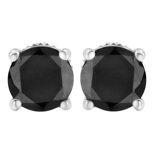 .925 Sterling Silver Round Brilliant-Cut Black Diamond Classic 4-Prong Stud Earrings with Screw Backs (Fancy Color-Enhanced, I2-I3 Clarity)-0