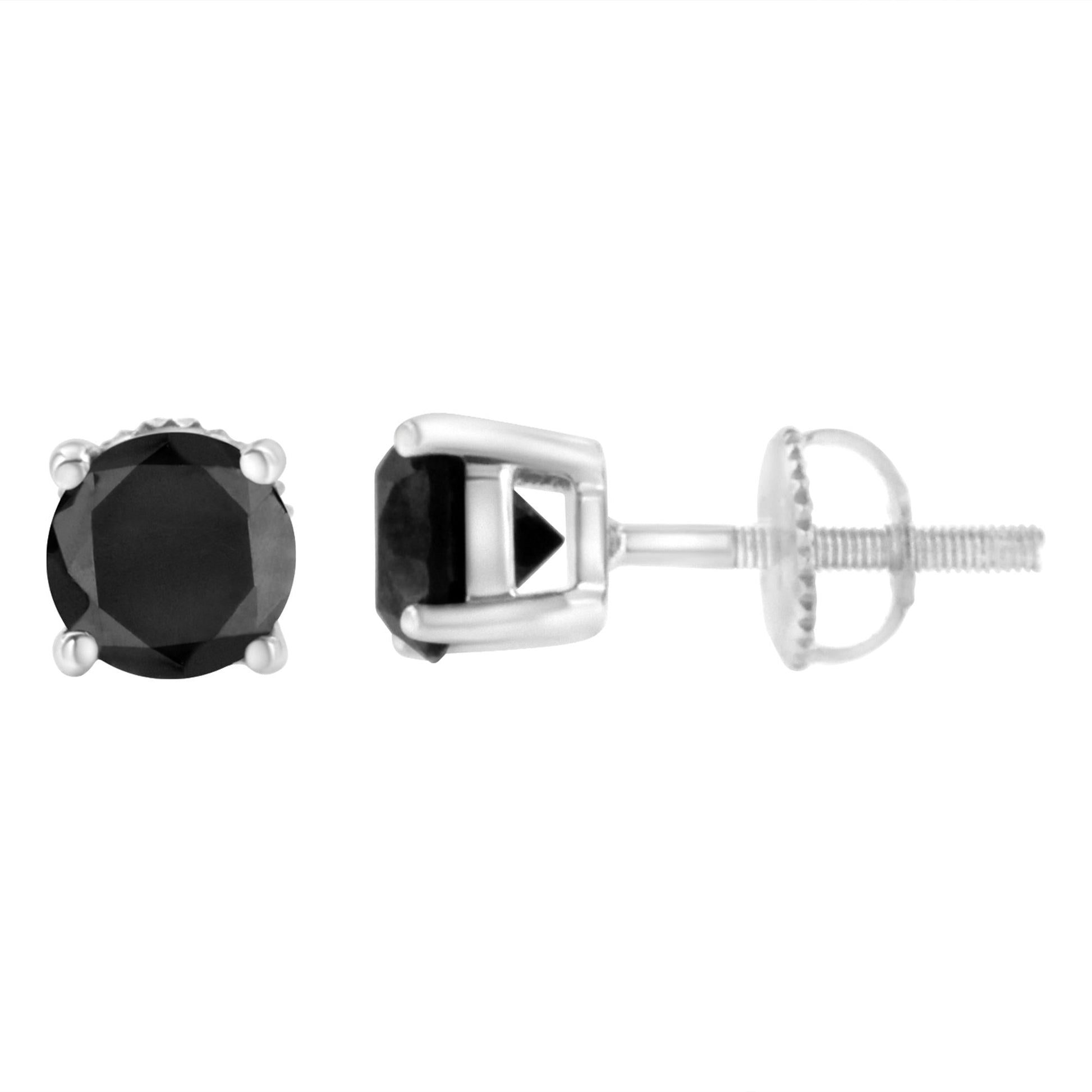 .925 Sterling Silver Round Brilliant-Cut Black Diamond Classic 4-Prong Stud Earrings with Screw Backs (Fancy Color-Enhanced, I2-I3 Clarity)-2