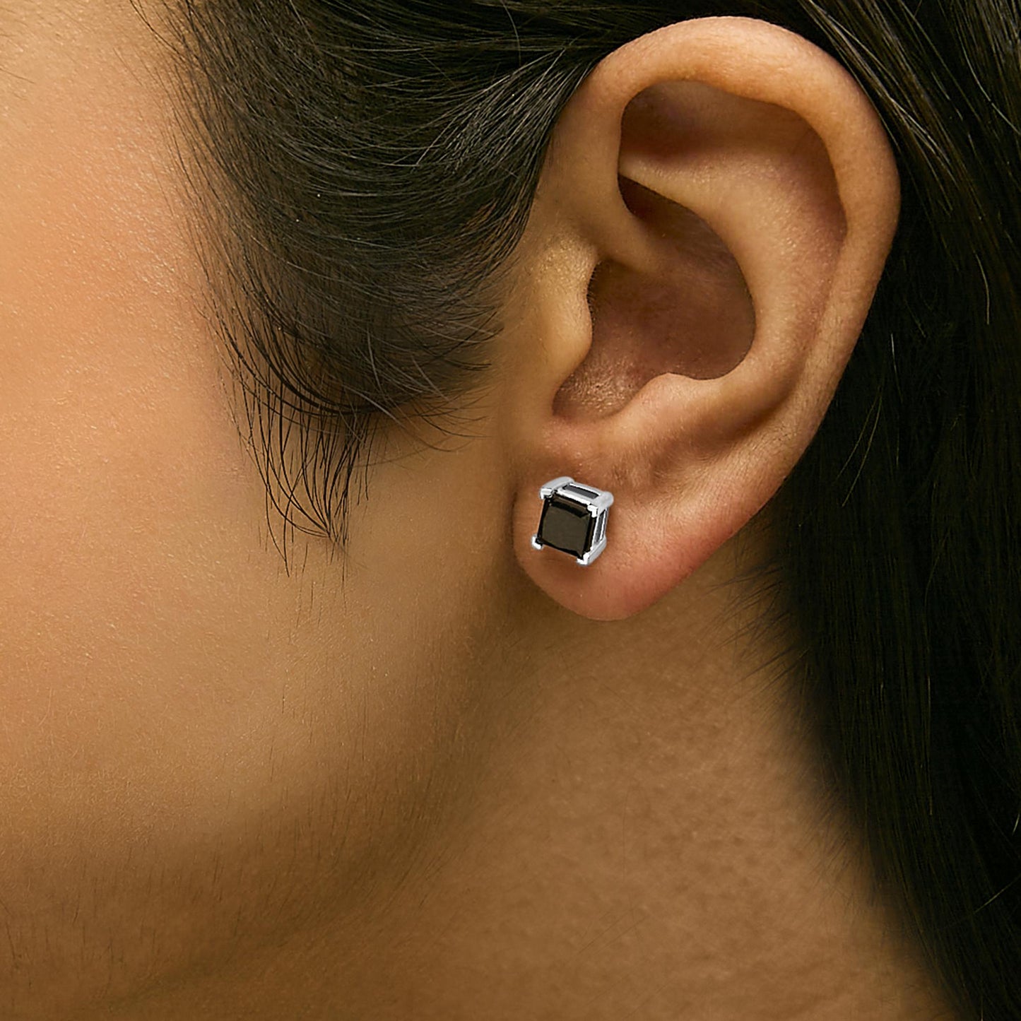 .925 Sterling Silver Princess-Cut Square Black Diamond Classic 4-Prong Stud Earrings with Screw Backs-3