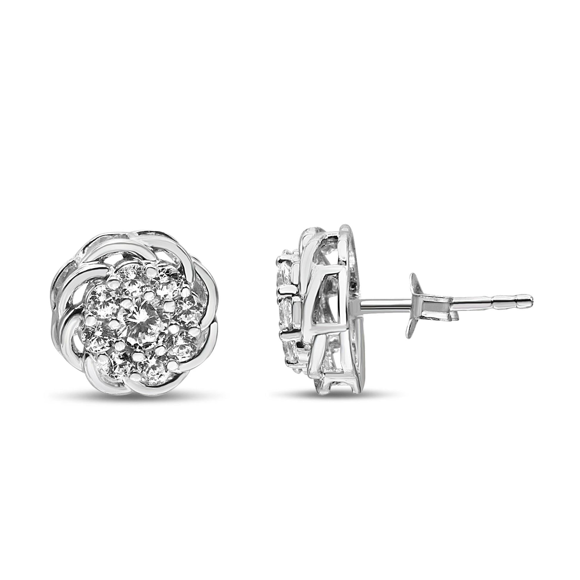 .925 Sterling Silver 1/2 Cttw Round Diamond Cluster Openwork Floral Halo Stud Earrings (I1-I2 Clarity, I-J Color)-3
