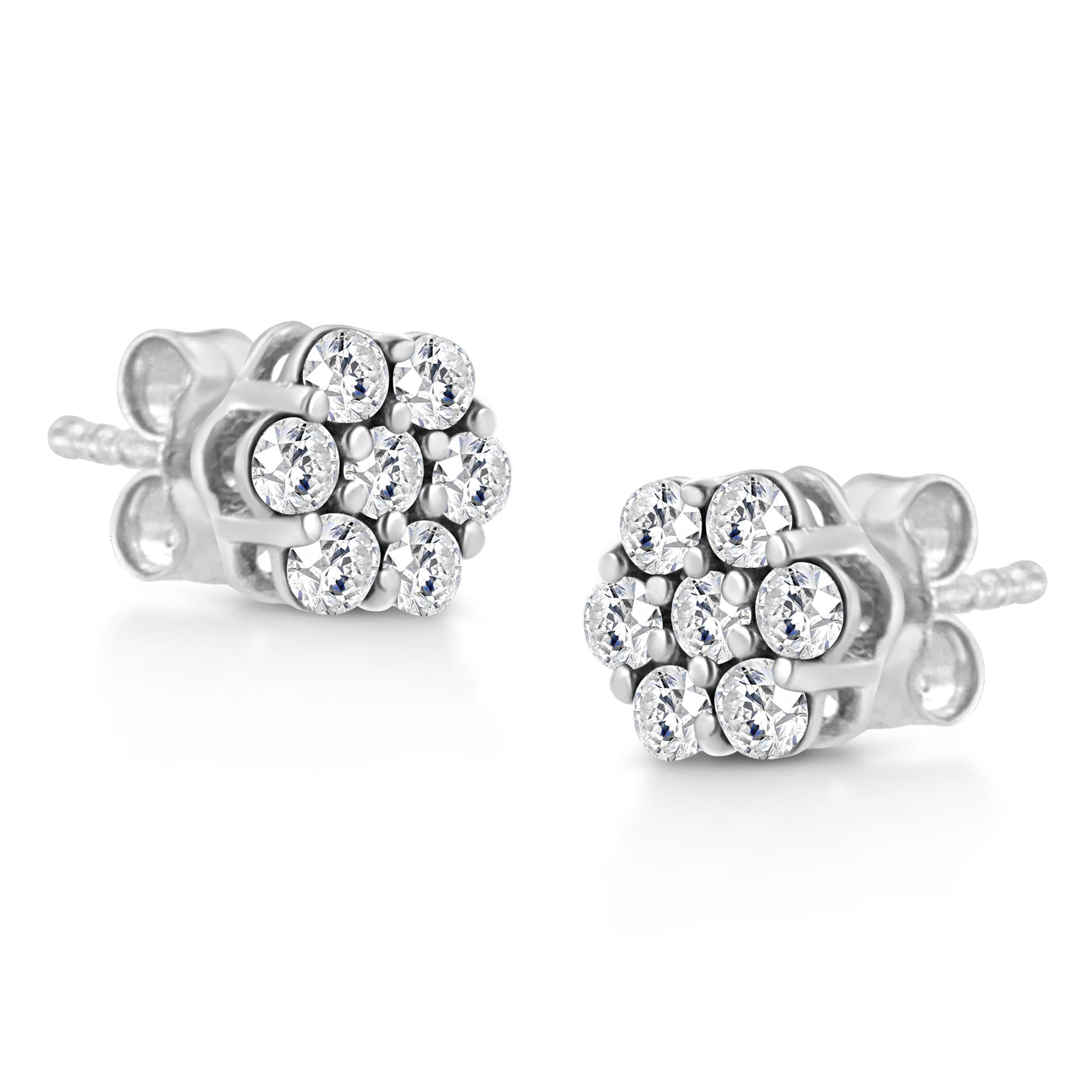 14K White Gold 1/2 Cttw Prong Set Round-Cut Diamond Flower Stud Earring (H-I Color, I1-I2 Clarity)-3