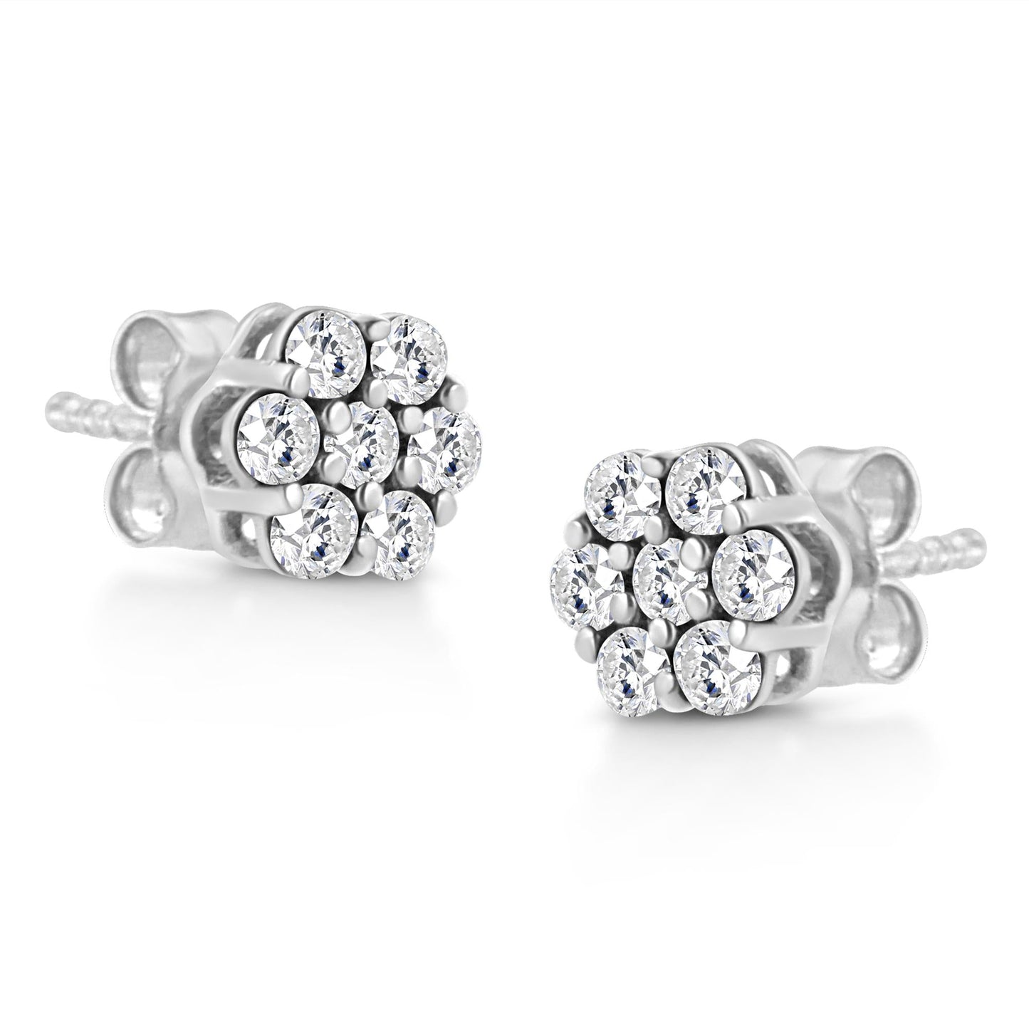 14K White Gold 1/2 Cttw Prong Set Round-Cut Diamond Flower Stud Earring (H-I Color, I1-I2 Clarity)-3