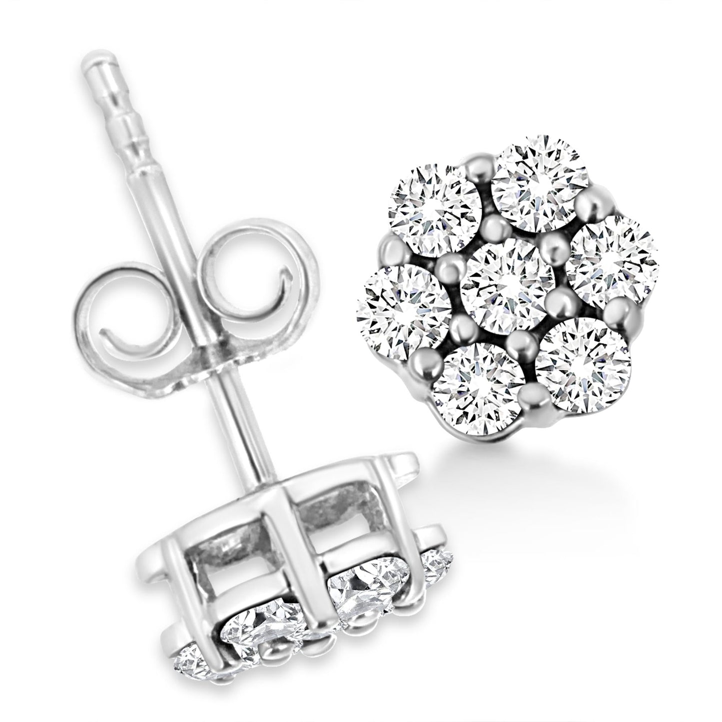 14K White Gold 1/2 Cttw Prong Set Round-Cut Diamond Flower Stud Earring (H-I Color, I1-I2 Clarity)-4