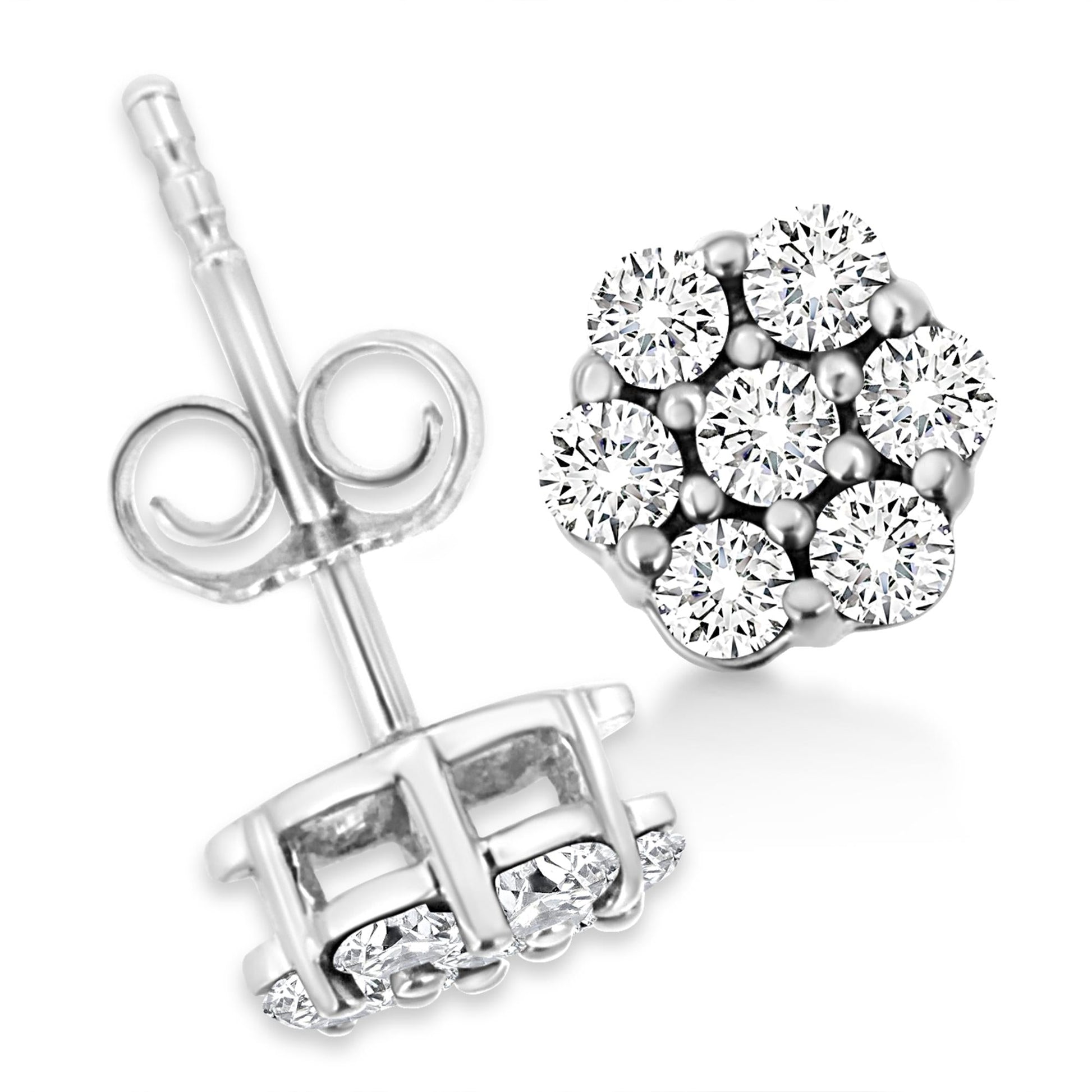 14K White Gold 1/2 Cttw Prong Set Round-Cut Diamond Flower Stud Earring (H-I Color, I1-I2 Clarity)-4
