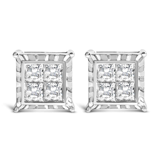 14K White Gold 1 1/2 Cttw Invisible Set Princess-Cut Diamond Contemporary Wavy Quad Stud Earrings (I-J Color, I1-I2 Clarity)-0