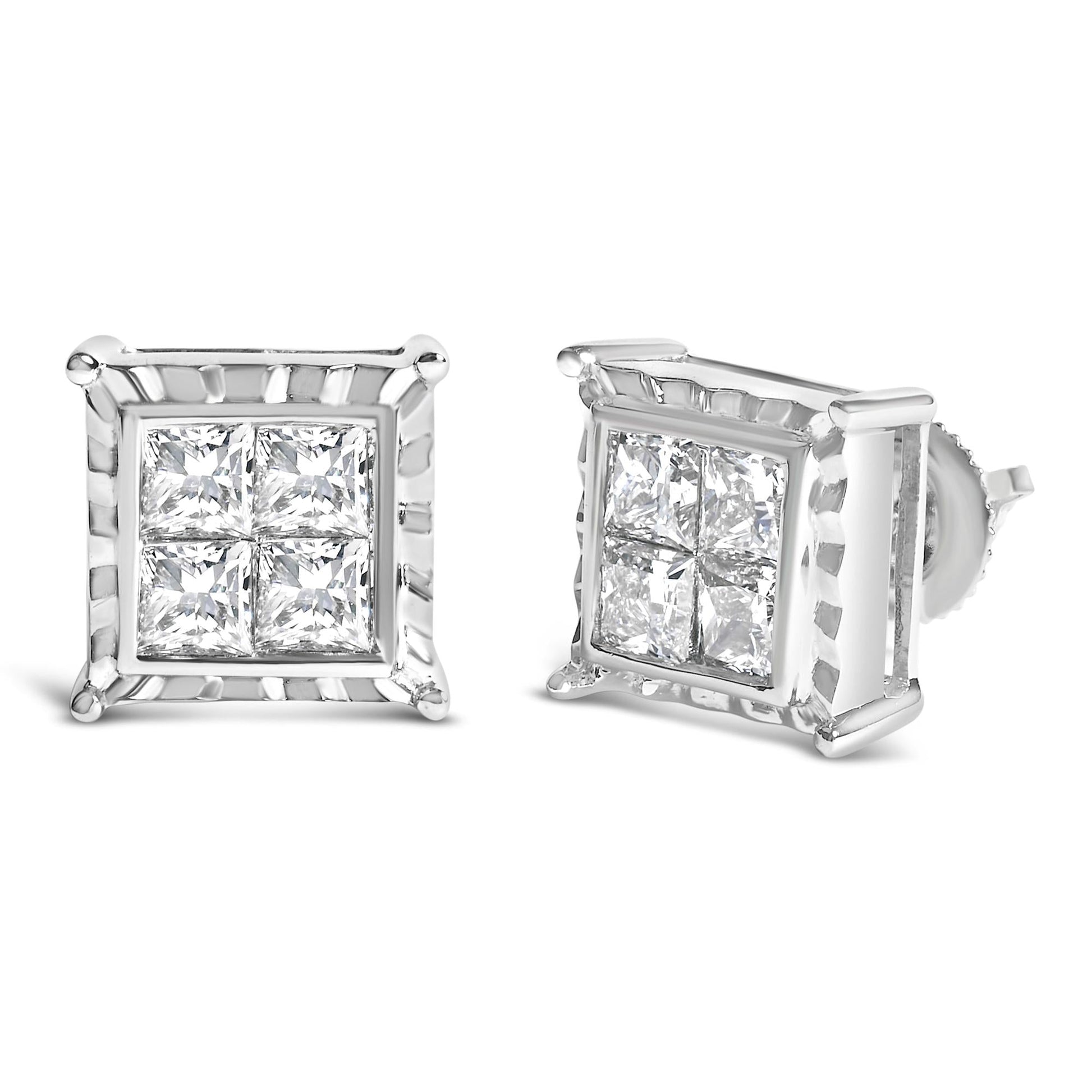 14K White Gold 1 1/2 Cttw Invisible Set Princess-Cut Diamond Contemporary Wavy Quad Stud Earrings (I-J Color, I1-I2 Clarity)-1